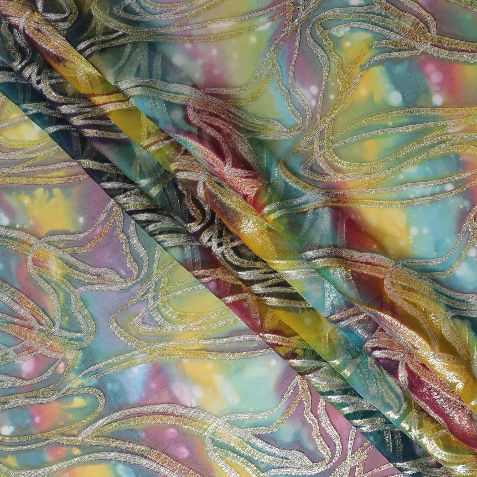 Multicolor premium pure chiffon fabric with metallic lurex and multi color hand print in abstract design-D15682