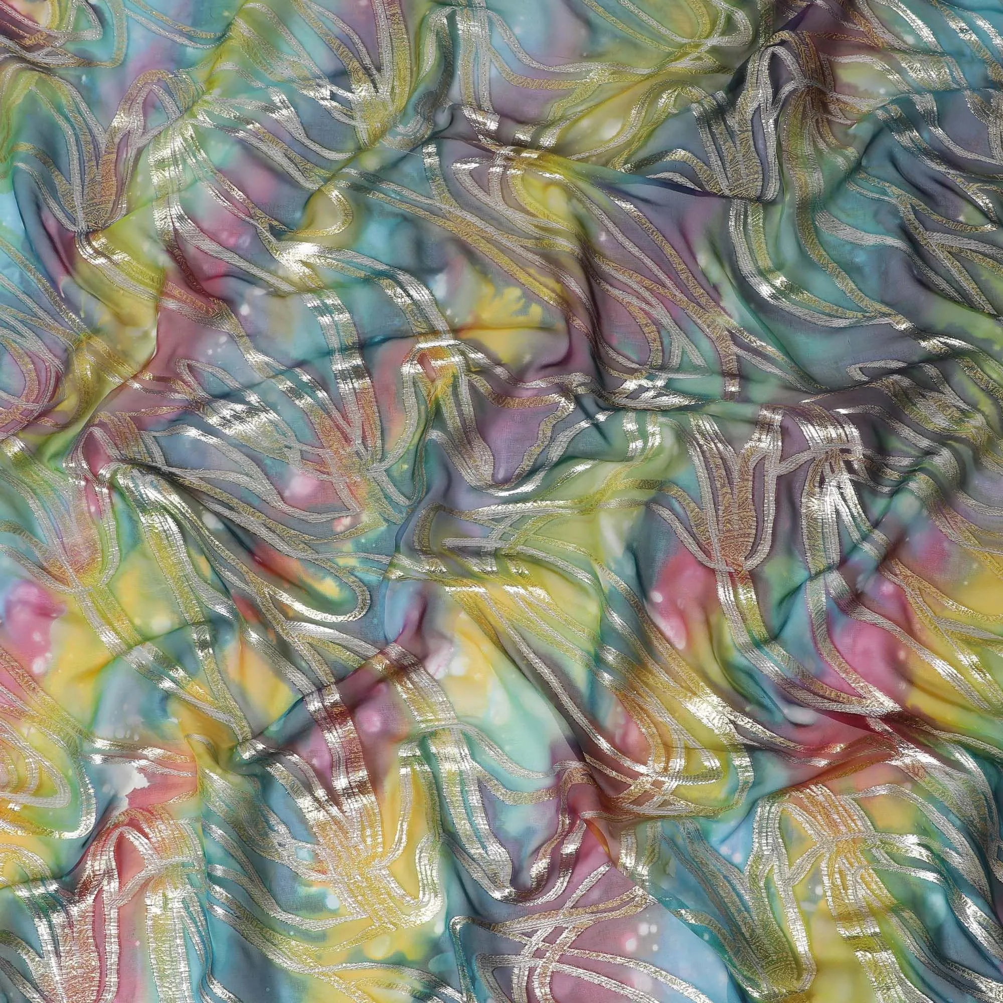 Multicolor premium pure chiffon fabric with metallic lurex and multi color hand print in abstract design-D15682