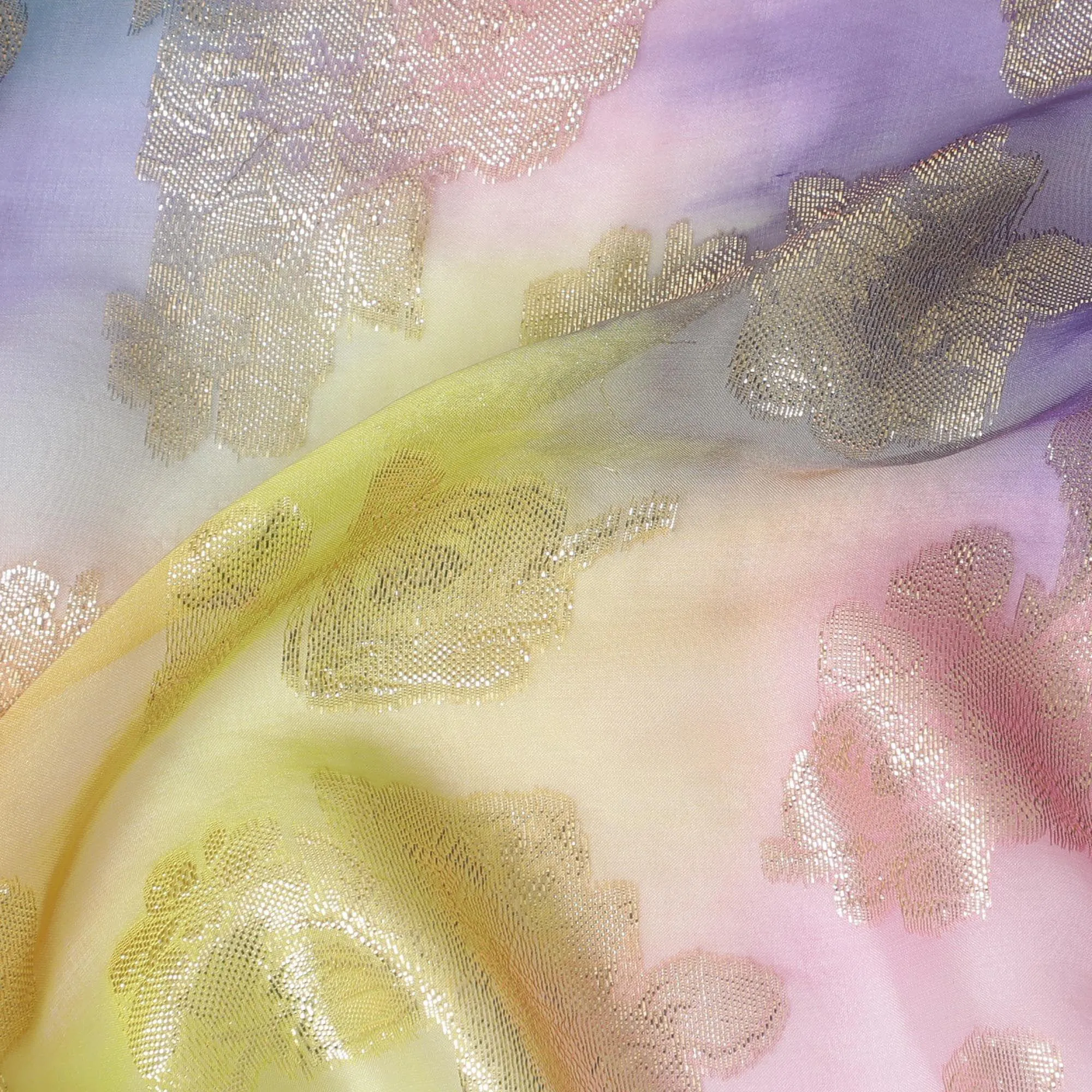 Multicolor Premium pure French (Fransawi) silk chiffon fabric with gold metallic lurex in floral design-D14007