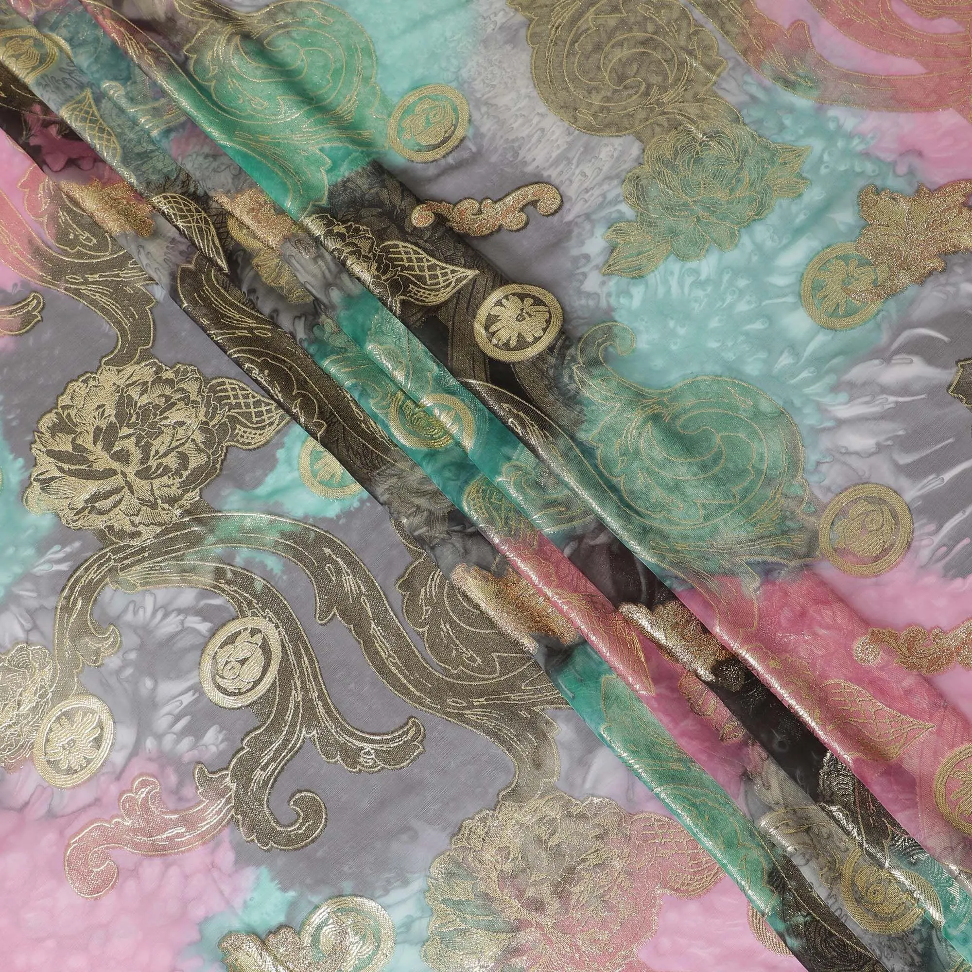 Multicolor Premium pure French (Fransawi) silk chiffon fabric with gold metallic lurex in floral design-D14121