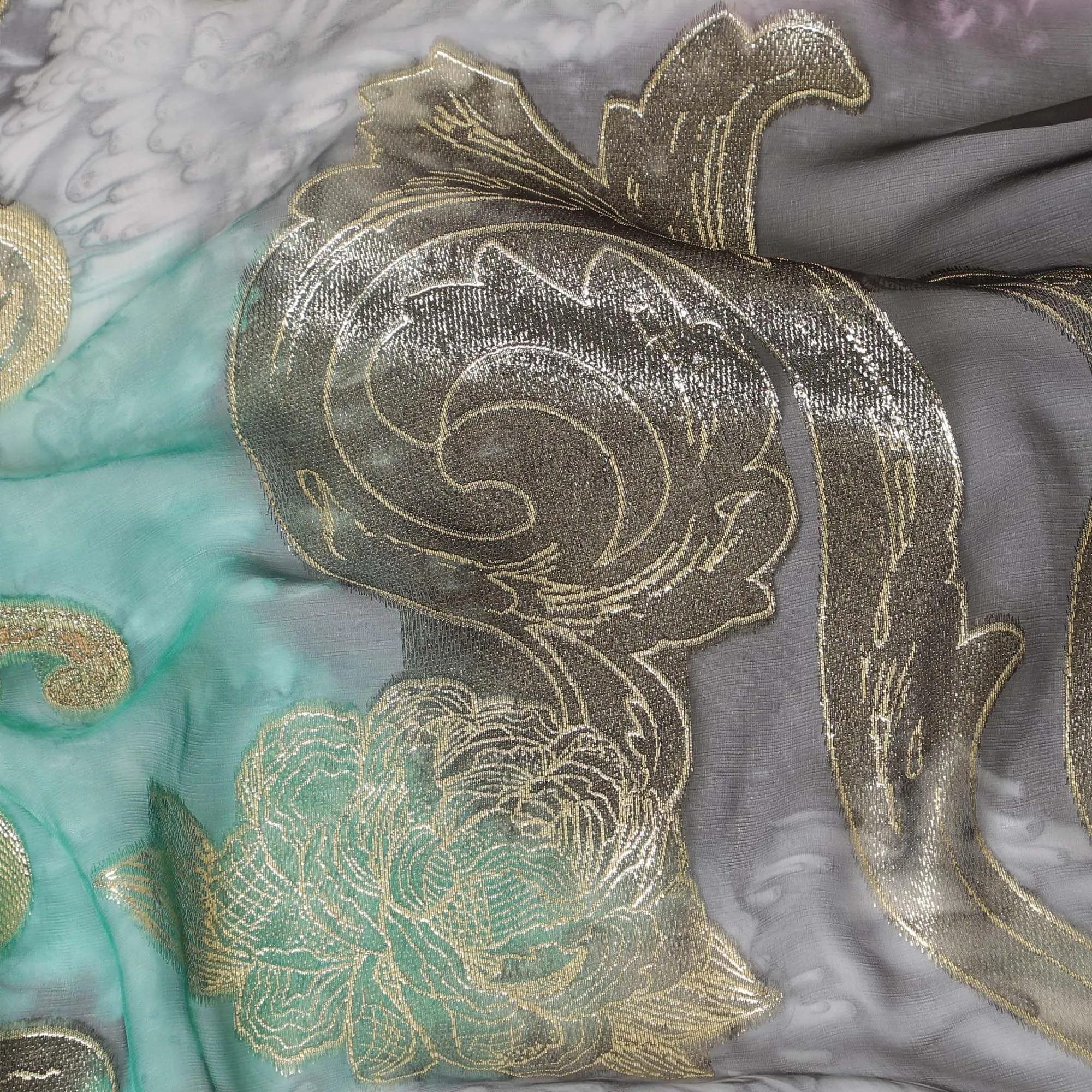 Multicolor Premium pure French (Fransawi) silk chiffon fabric with gold metallic lurex in floral design-D14121