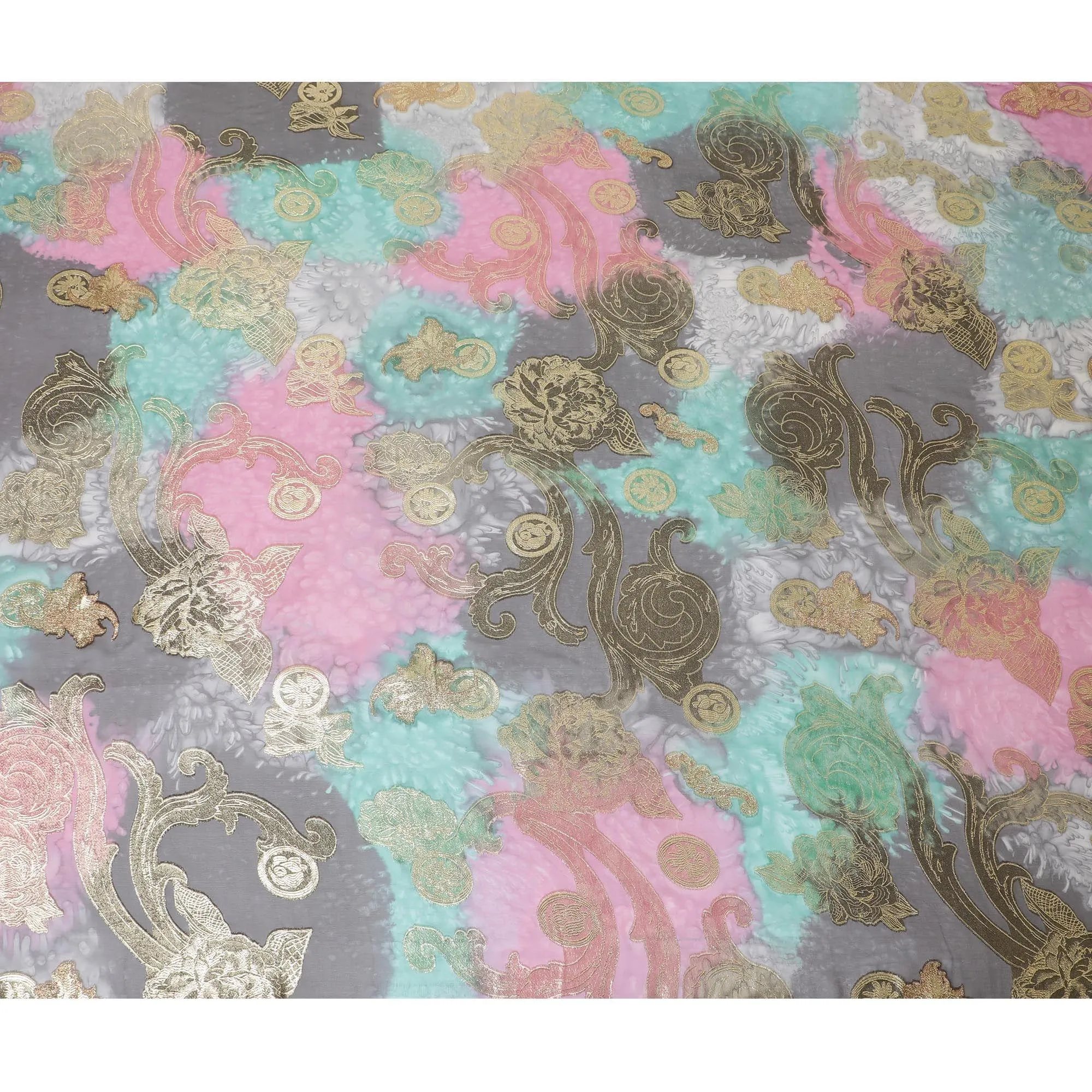 Multicolor Premium pure French (Fransawi) silk chiffon fabric with gold metallic lurex in floral design-D14121