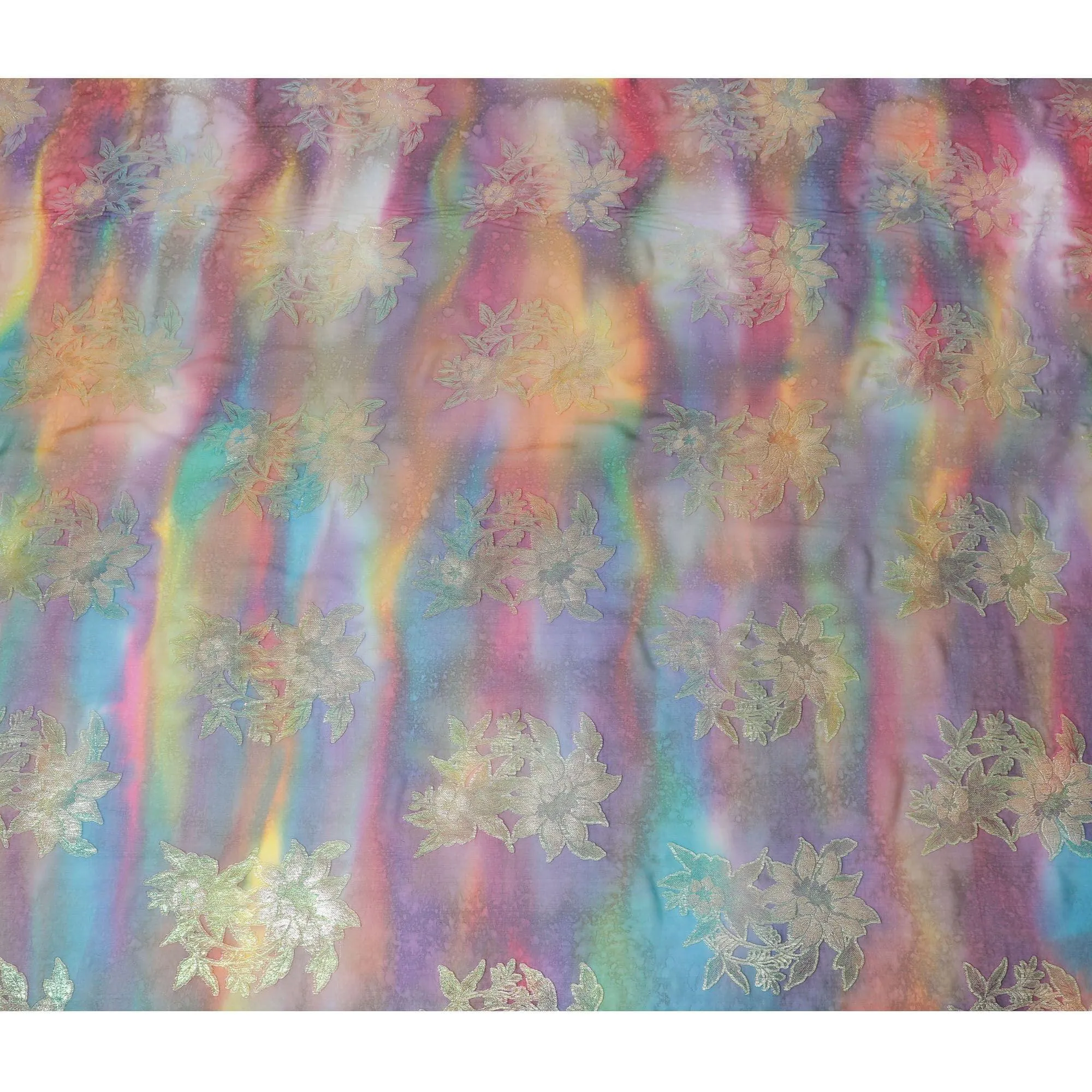 Multicolor Premium pure printed silk chiffon fabric with gold and silver metallic lurex in floral design-D12422