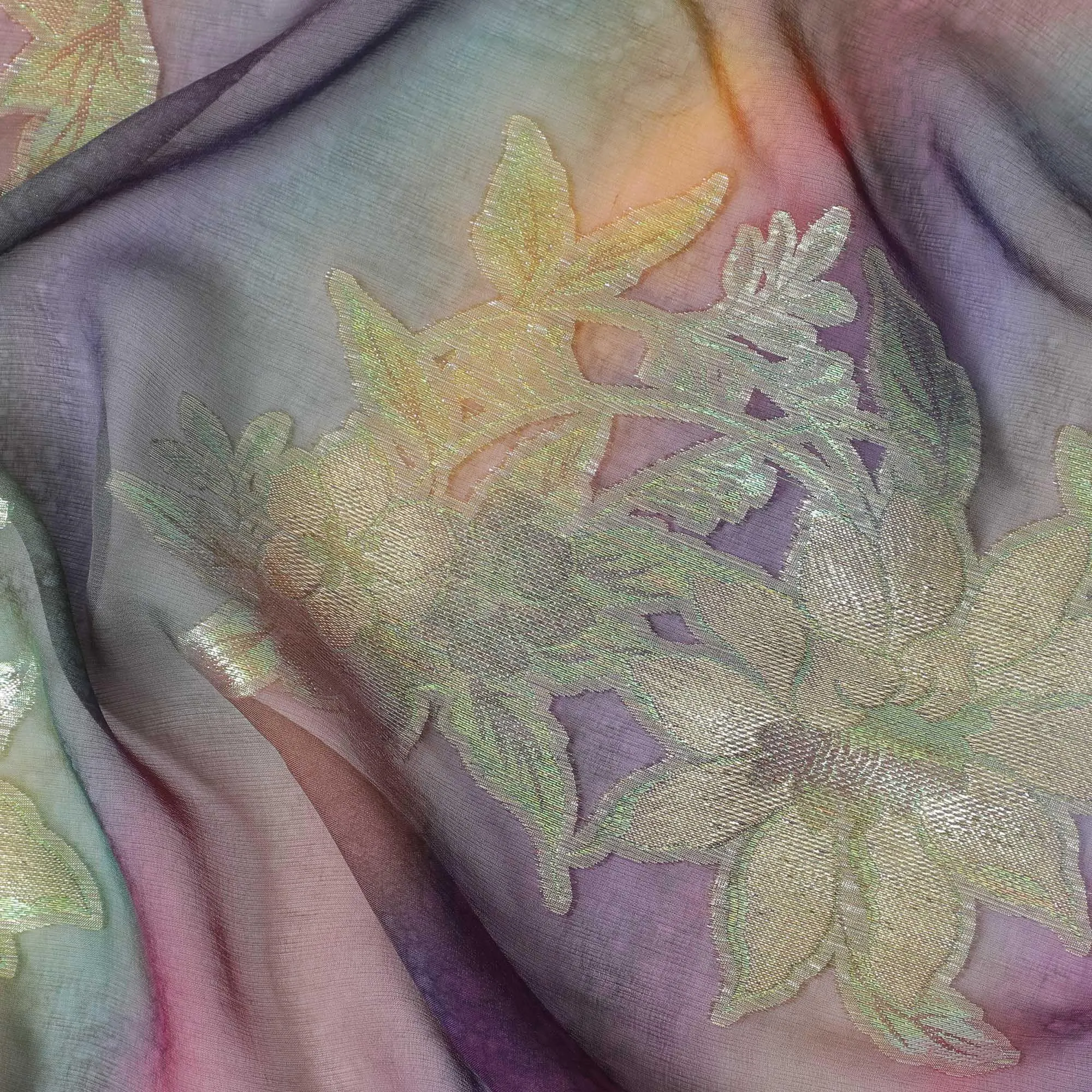 Multicolor Premium pure printed silk chiffon fabric with gold and silver metallic lurex in floral design-D12422