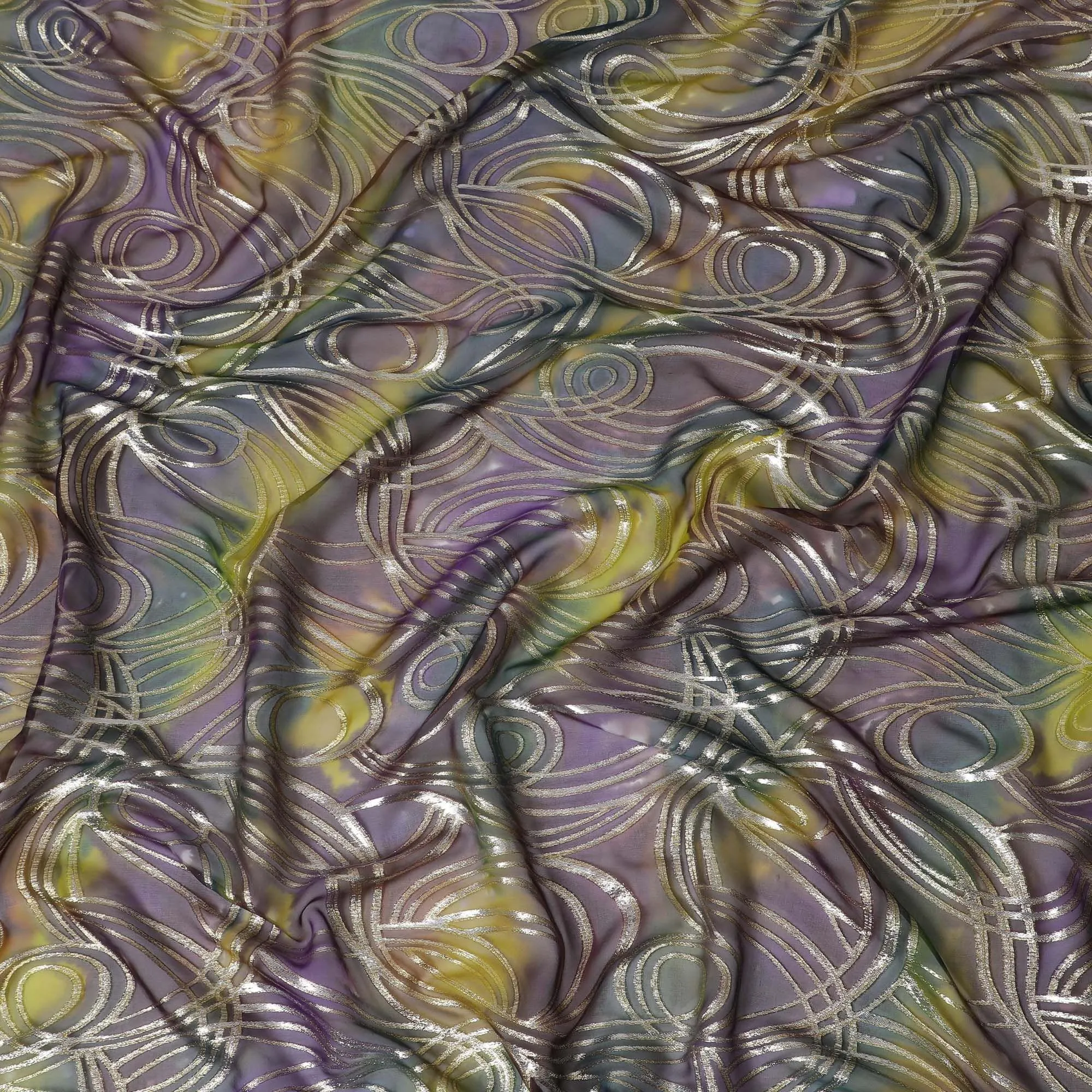 Multicolor premium pure silk chiffon fabric with gold metallic lurex in abstract design-D14080