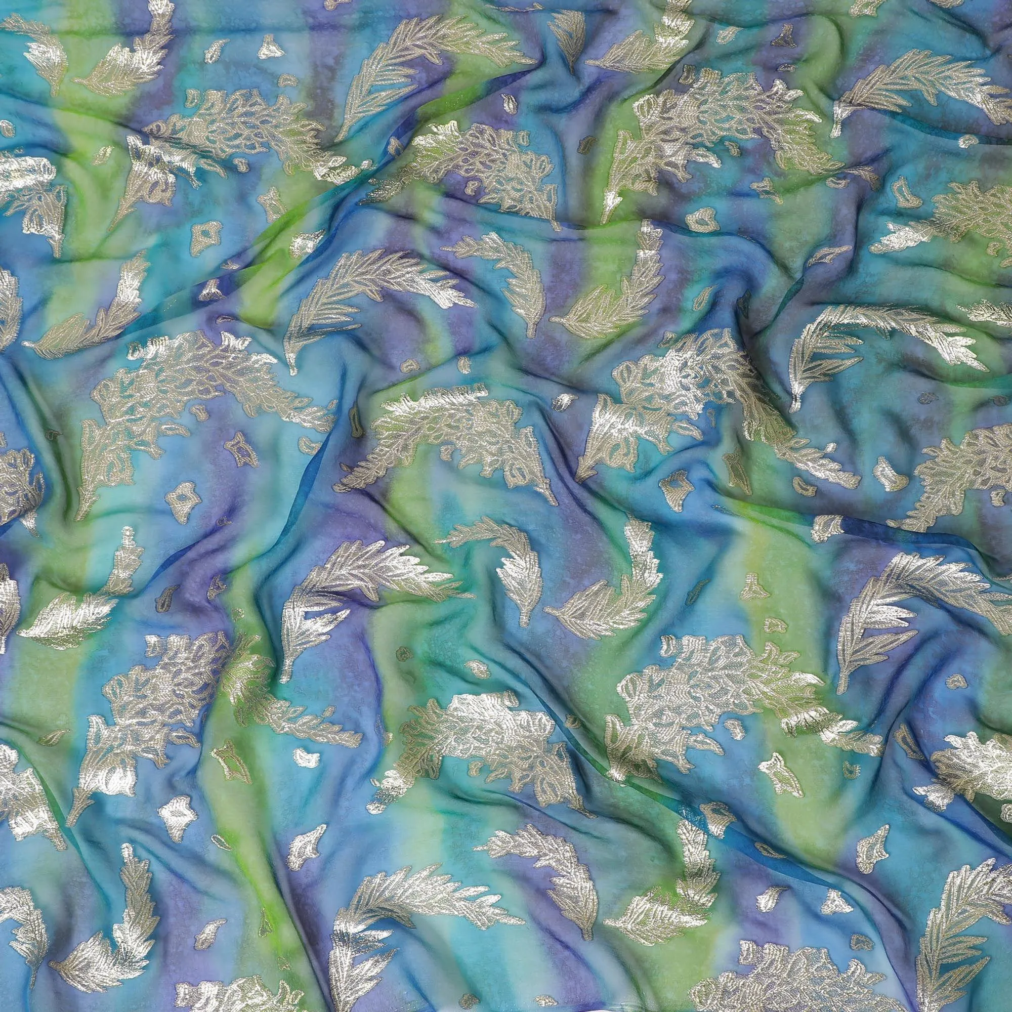 Multicolor premium pure silk chiffon fabric with gold metallic lurex in floral design-D14243