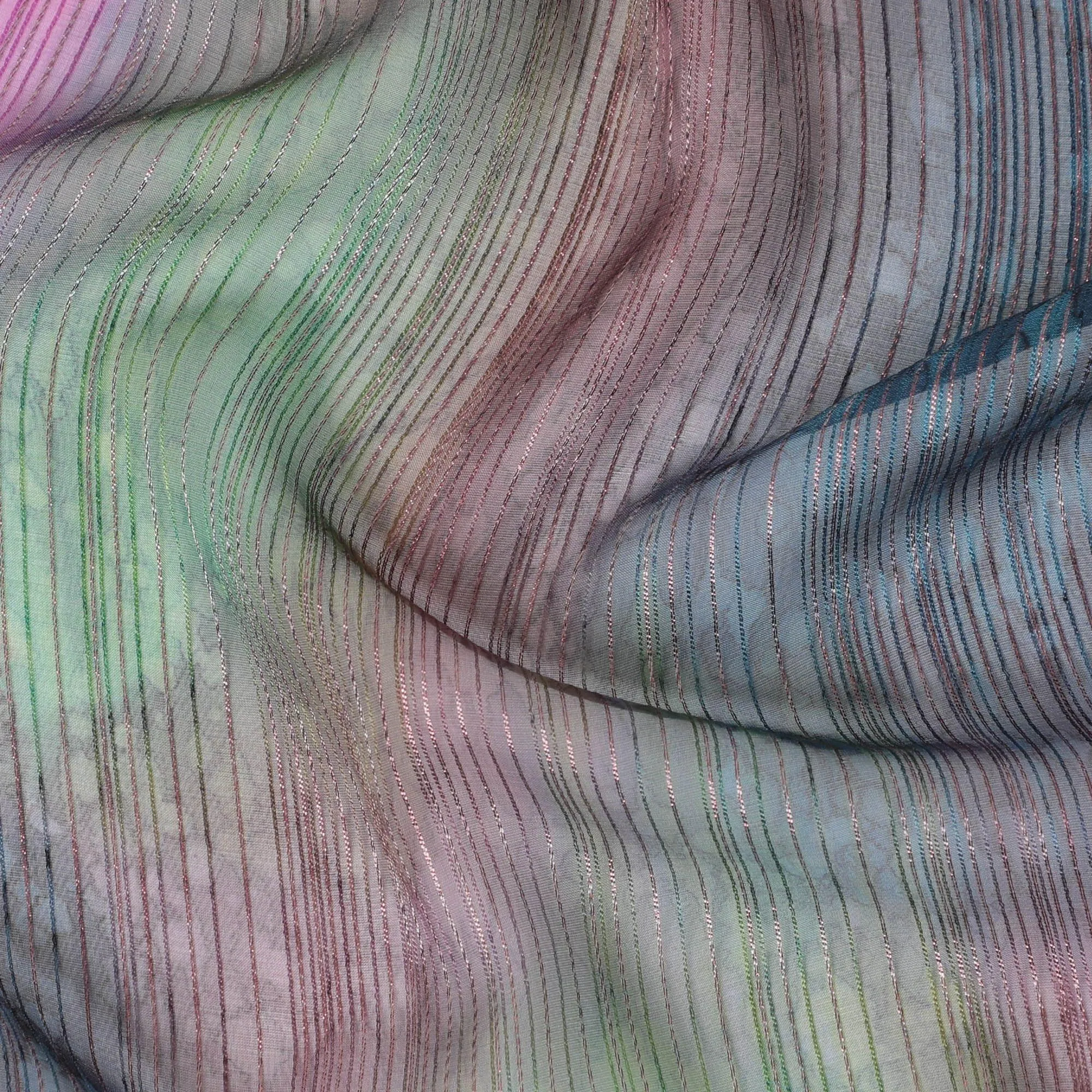 Multicolor Premium pure silk chiffon fabric with gold metallic lurex in stripe design-D12617