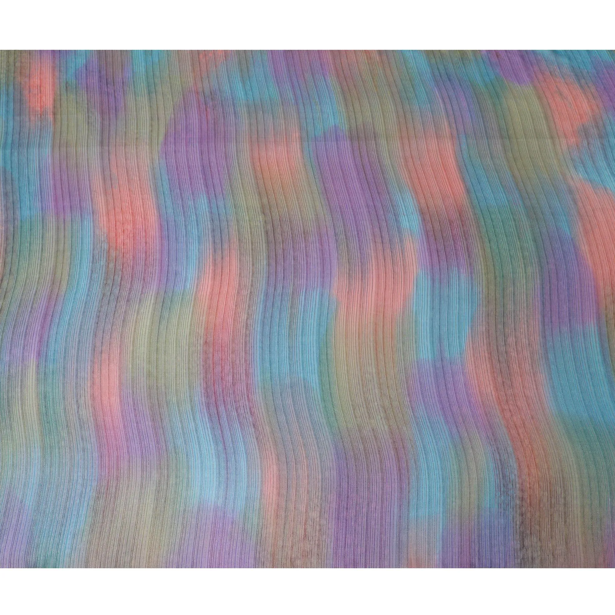 Multicolor Premium pure silk chiffon fabric with gold metallic lurex in stripe design-D12618