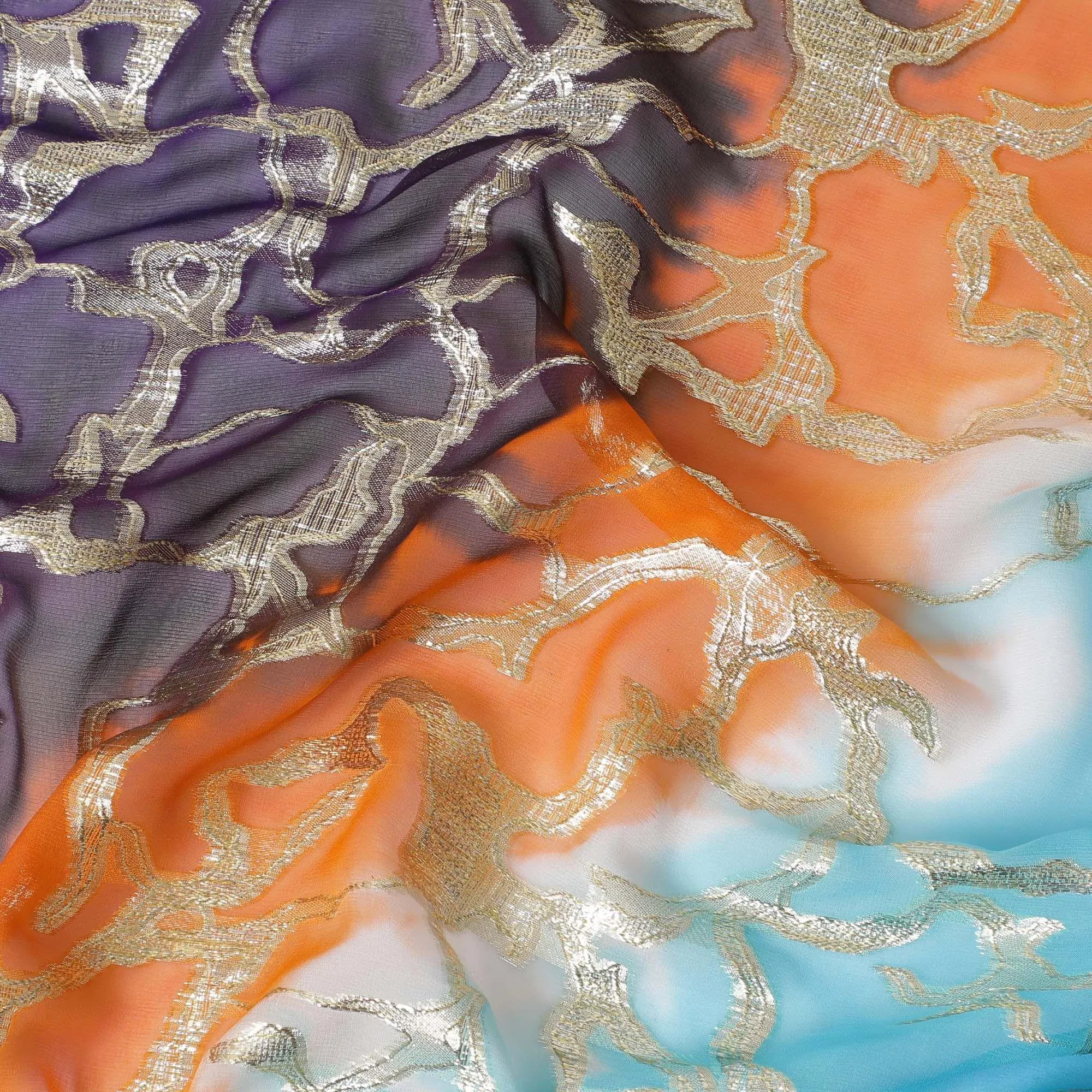 Multicolor Premium pure silk chiffon with gold metallic lurex in abstract design-D11369