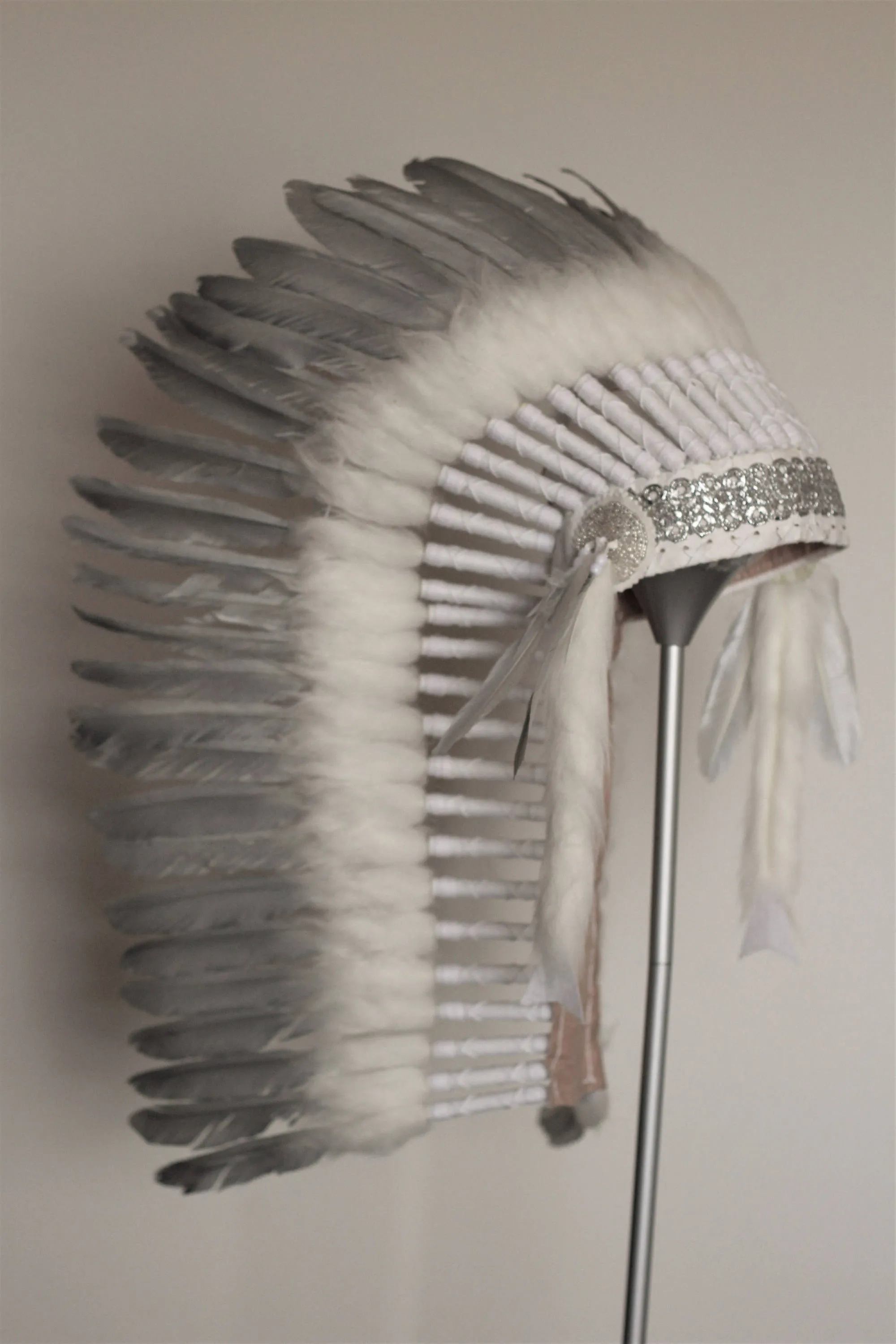 N94- Medium Silver Feather Headdress, native american Style warbonnet