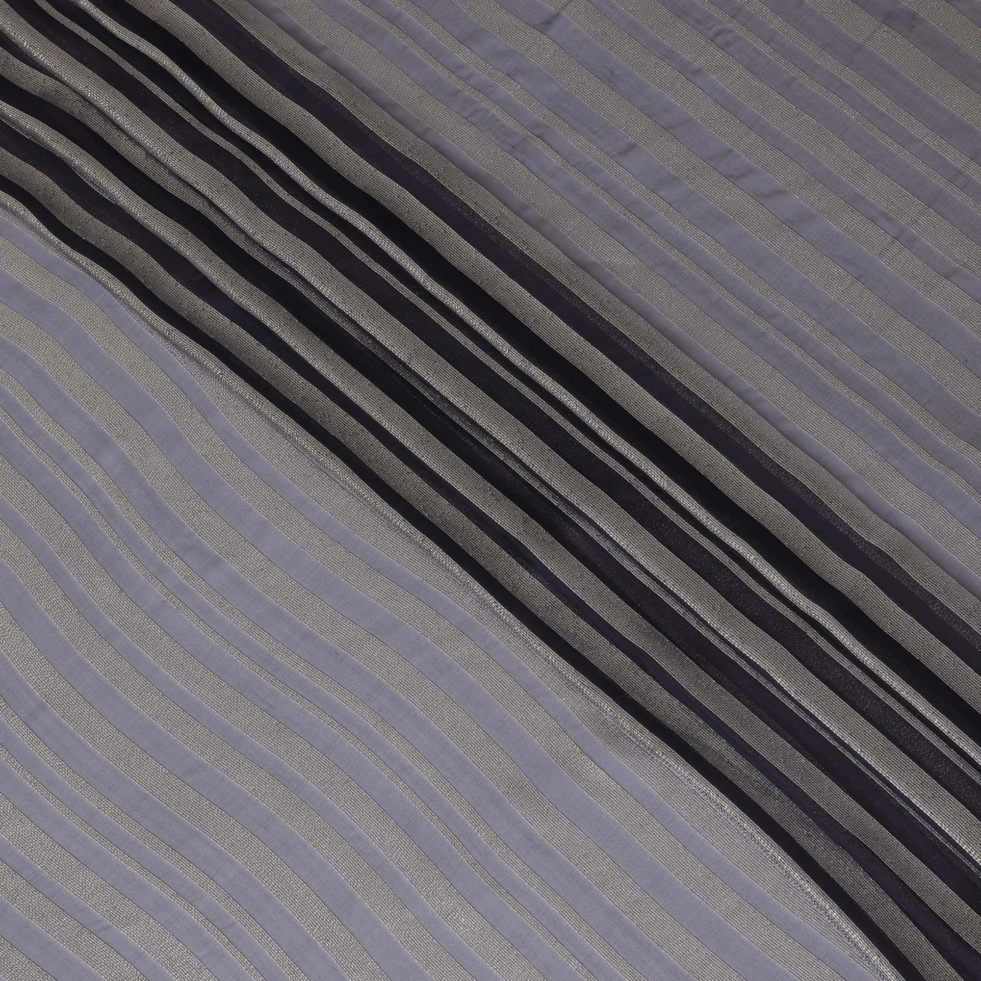 Navy Blue Premium pure silk chiffon fabric with gold metallic lurex in stripe design-D12405