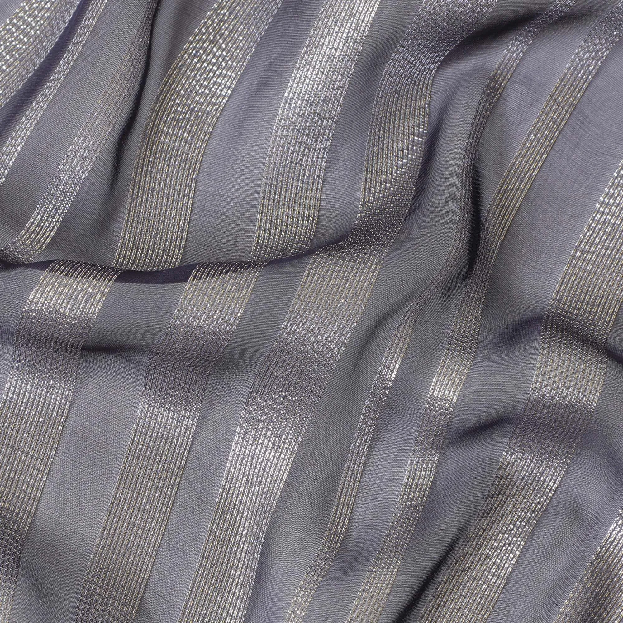 Navy Blue Premium pure silk chiffon fabric with gold metallic lurex in stripe design-D12405