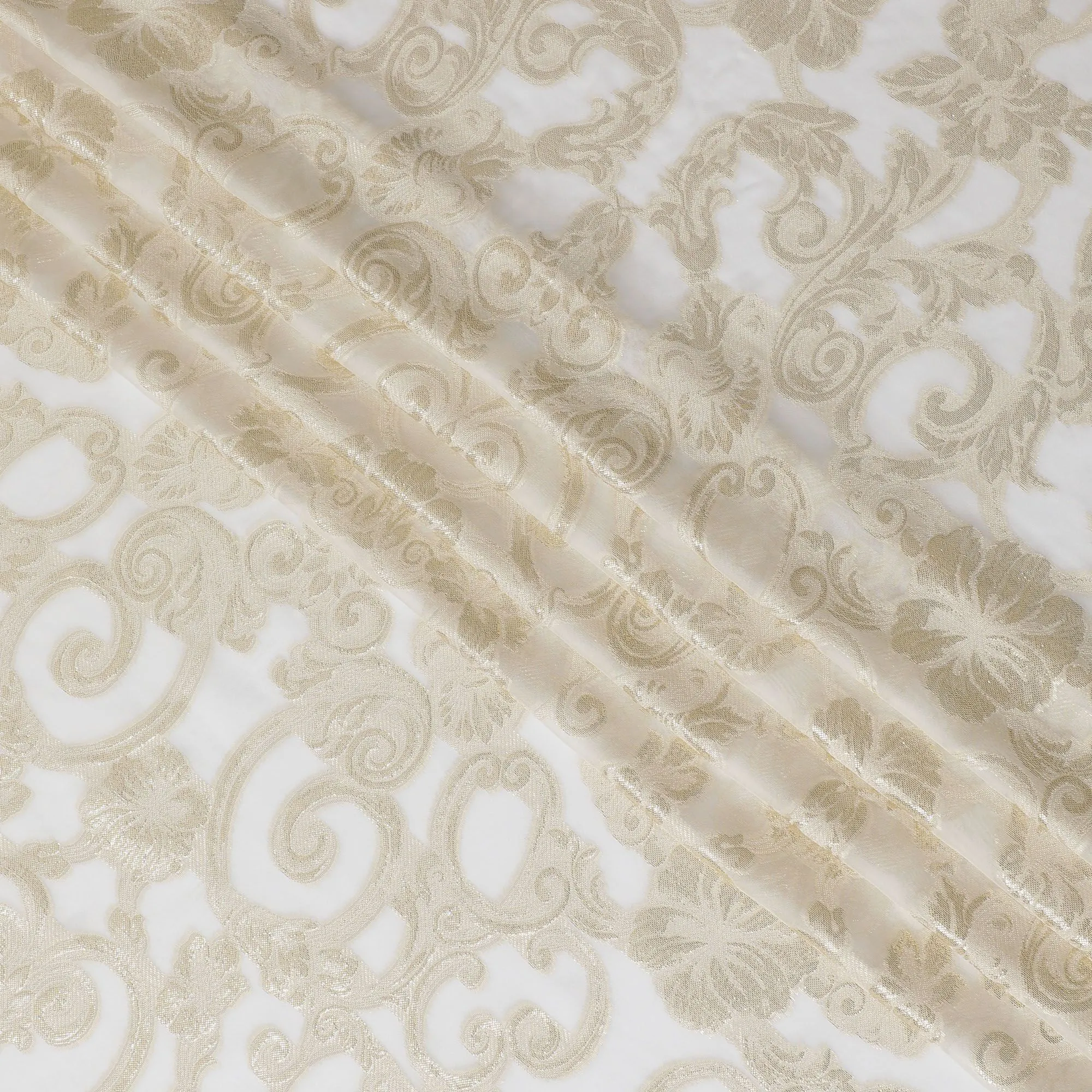 Off white Premium pure French (Fransawi) silk chiffon fabric with beige viscose and gold metallic lurex in floral design-D16965