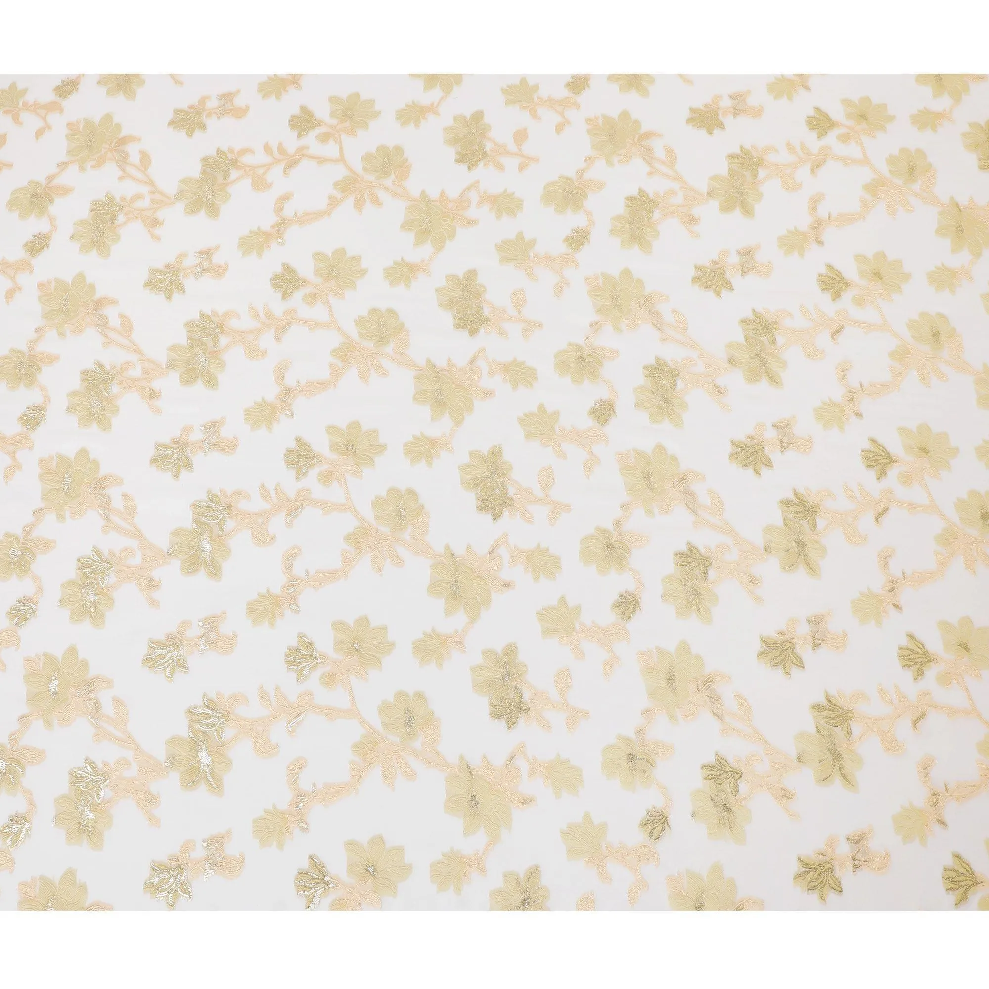 Off white Premium pure French (Fransawi) silk chiffon fabric with peach, gold viscose having gold metallic lurex in floral design-D15639