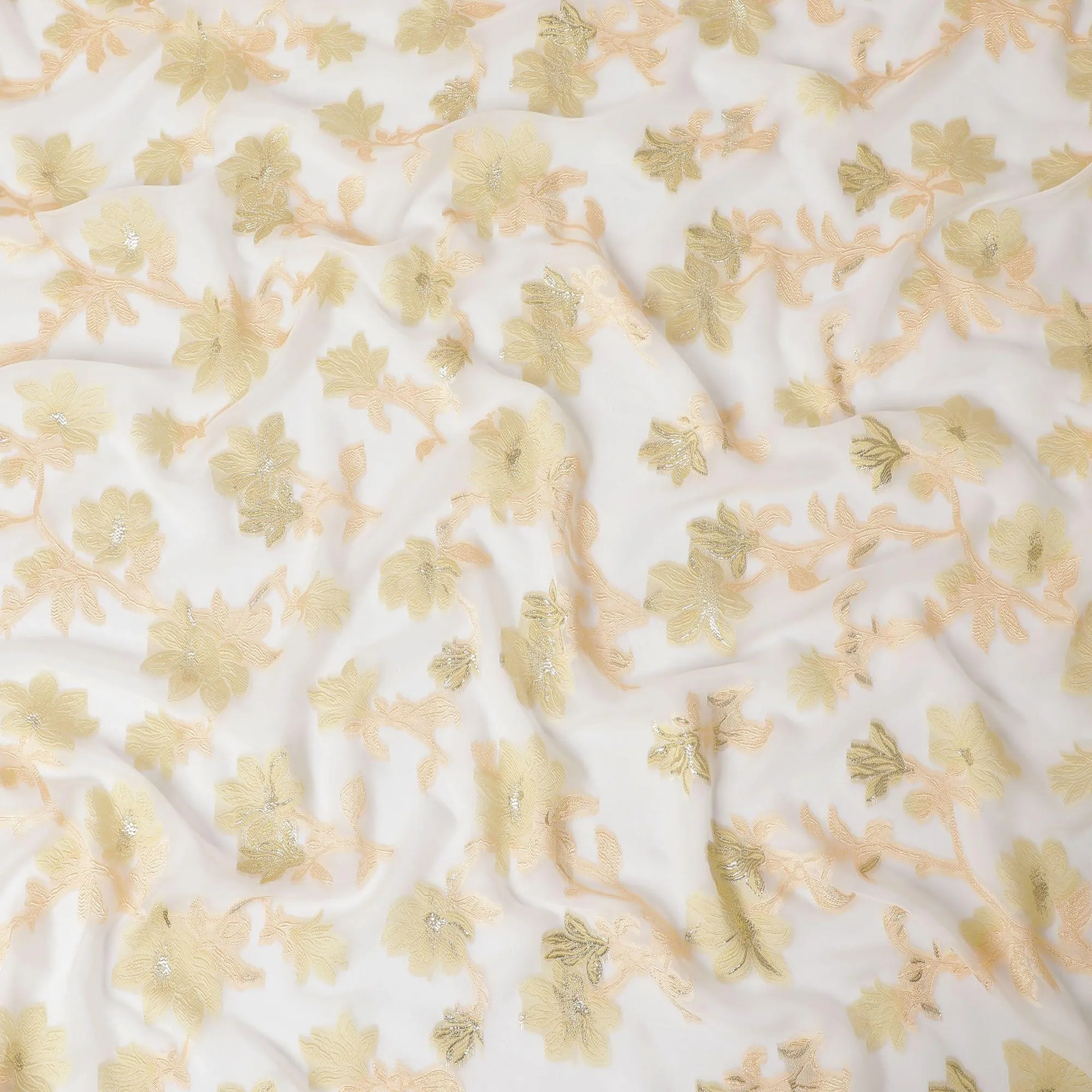 Off white Premium pure French (Fransawi) silk chiffon fabric with peach, gold viscose having gold metallic lurex in floral design-D15639