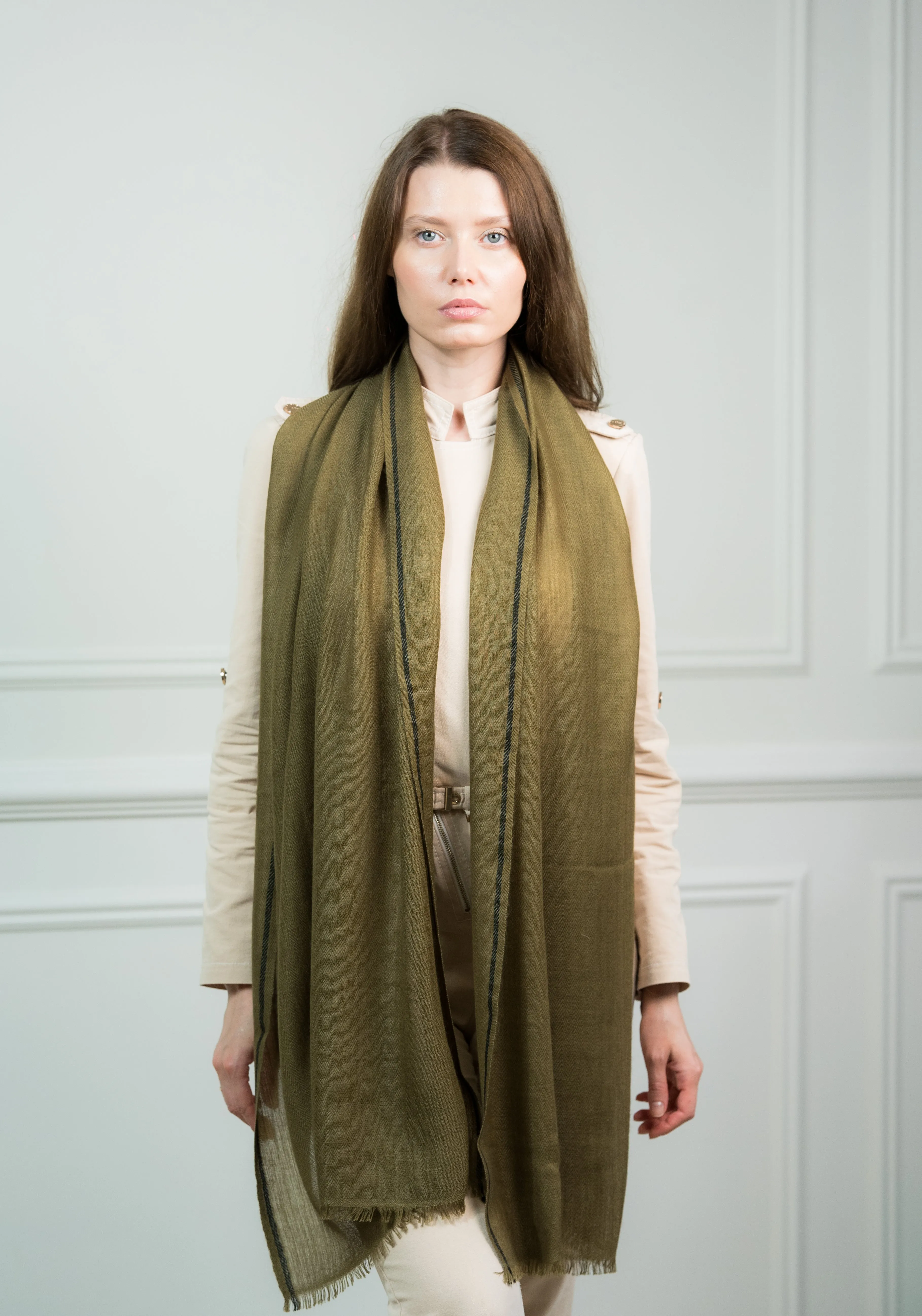 Olive Herringbone Cashmere Scarf with Border