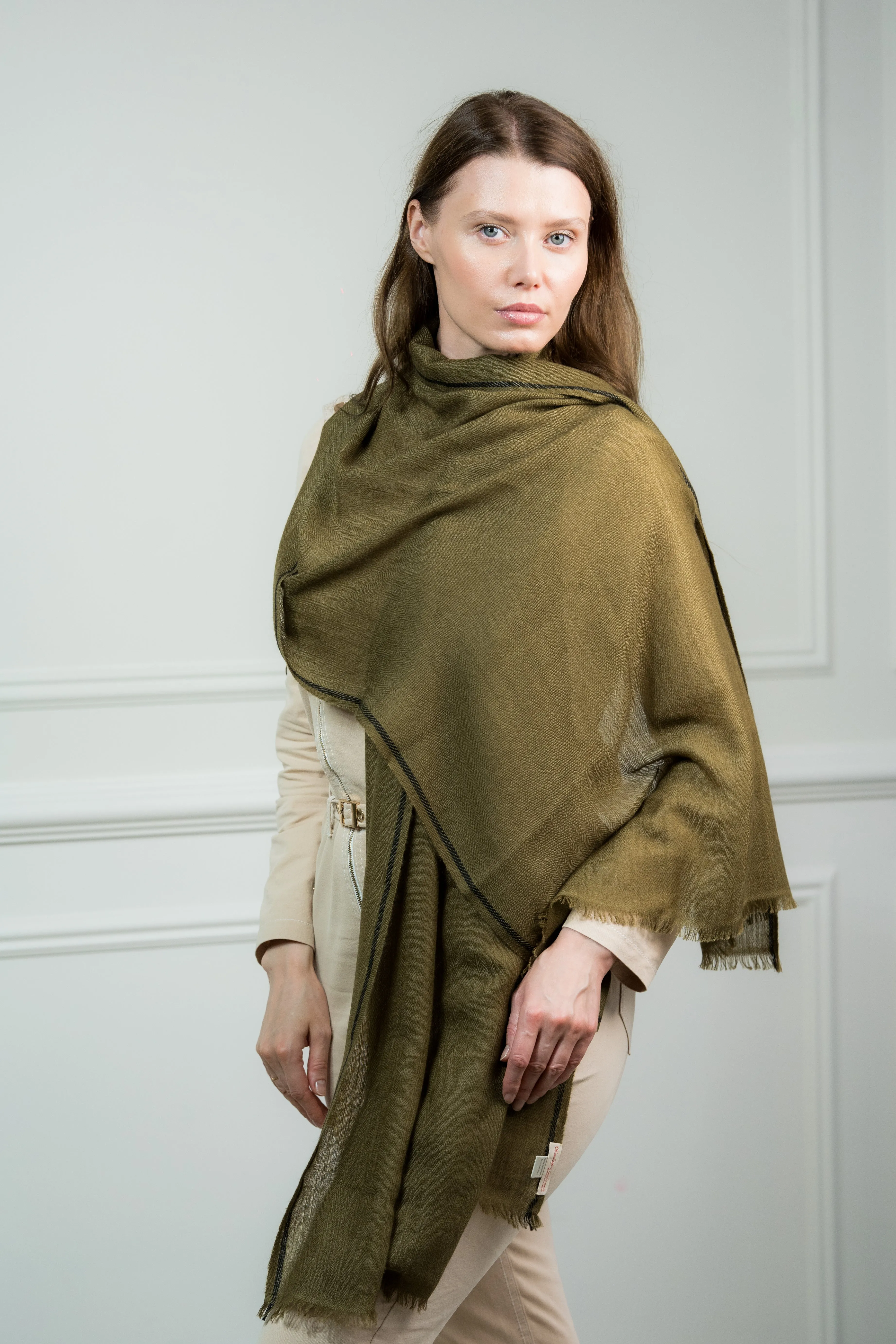 Olive Herringbone Cashmere Scarf with Border