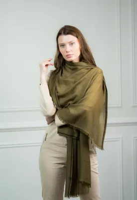 Olive Herringbone Cashmere Scarf with Border