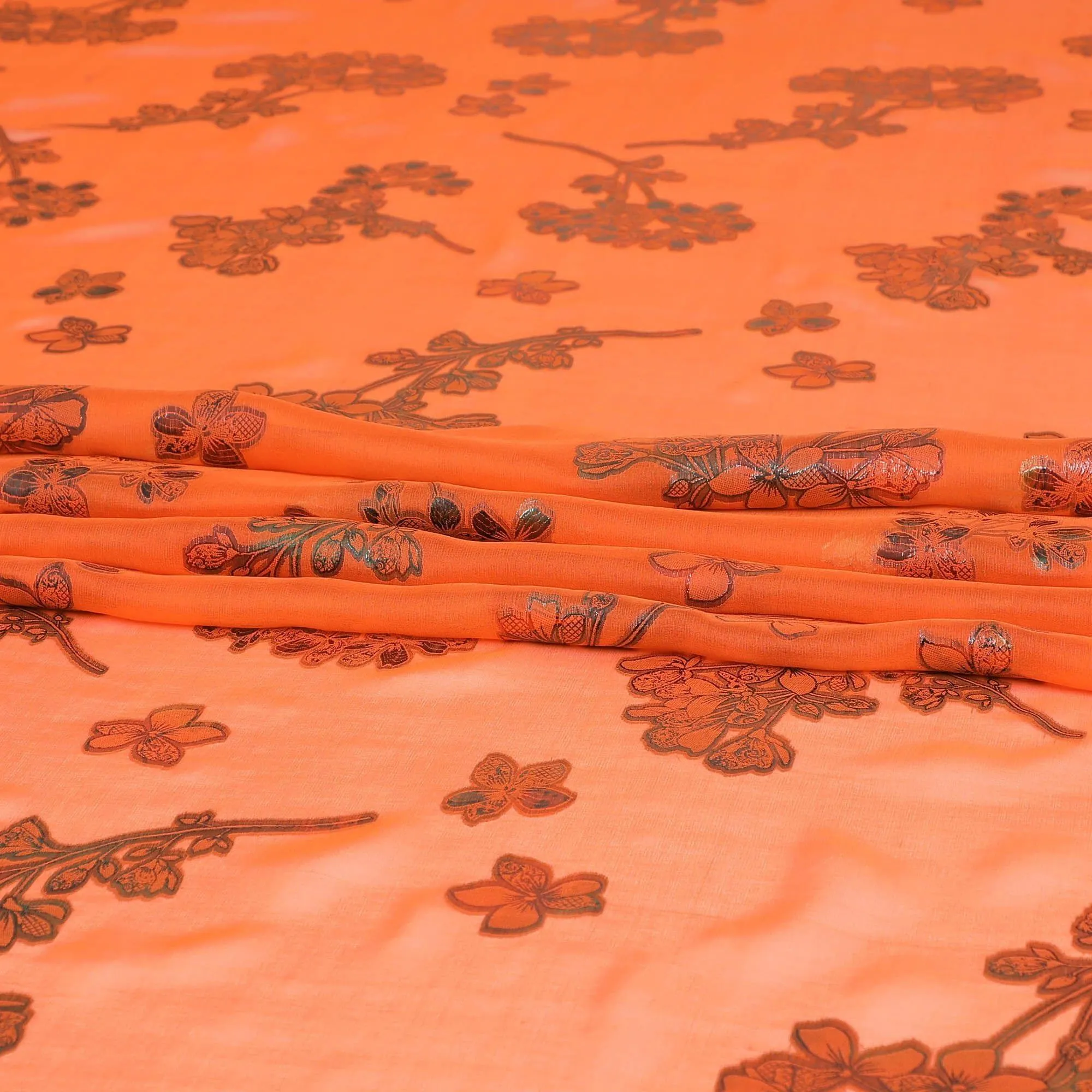 Orange premium pure silk chiffon fabric with multitone metallic lurex in floral design-D9661