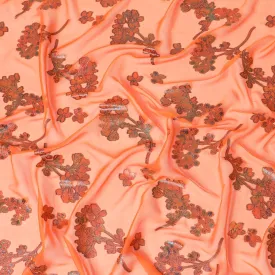 Orange premium pure silk chiffon fabric with multitone metallic lurex in floral design-D9661