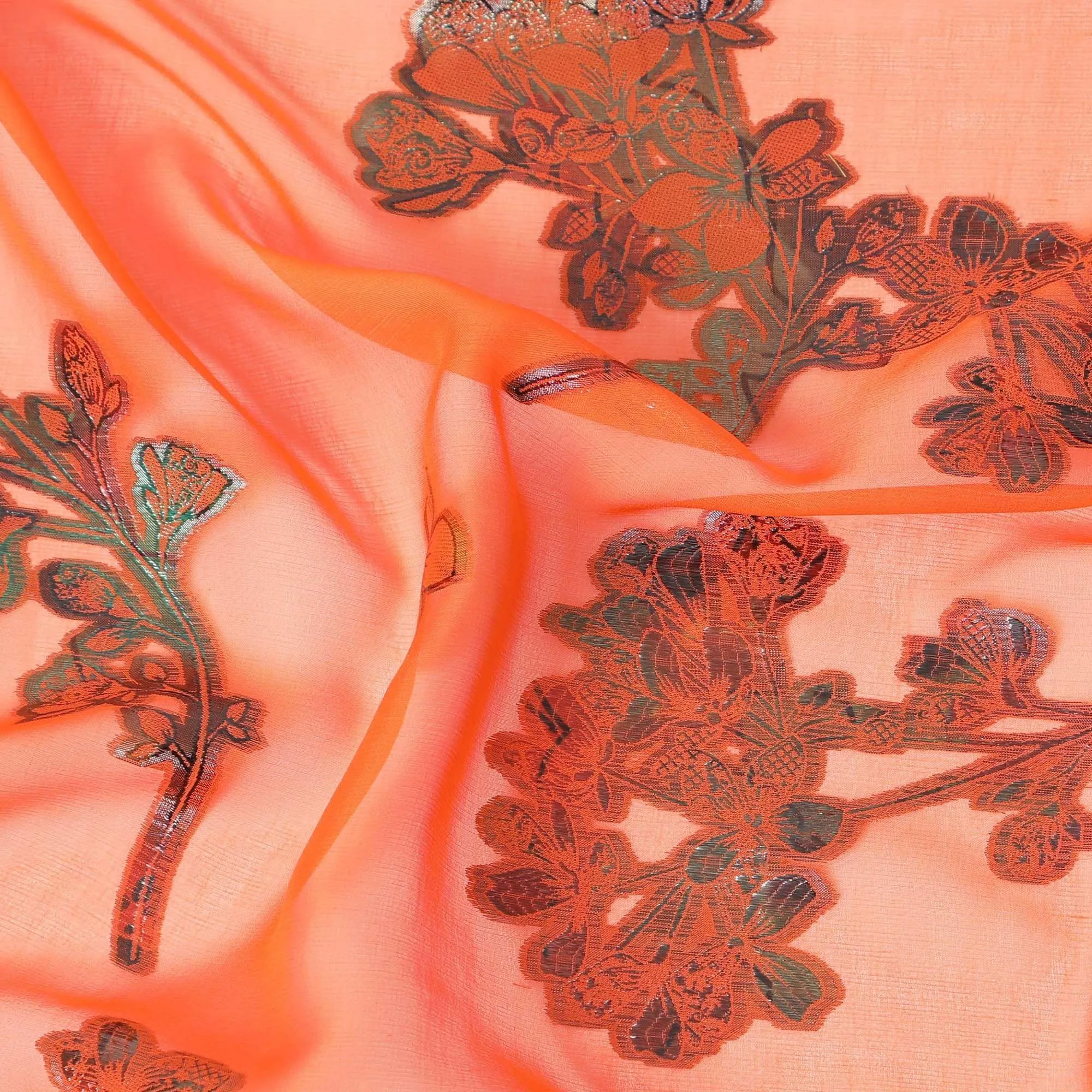 Orange premium pure silk chiffon fabric with multitone metallic lurex in floral design-D9661