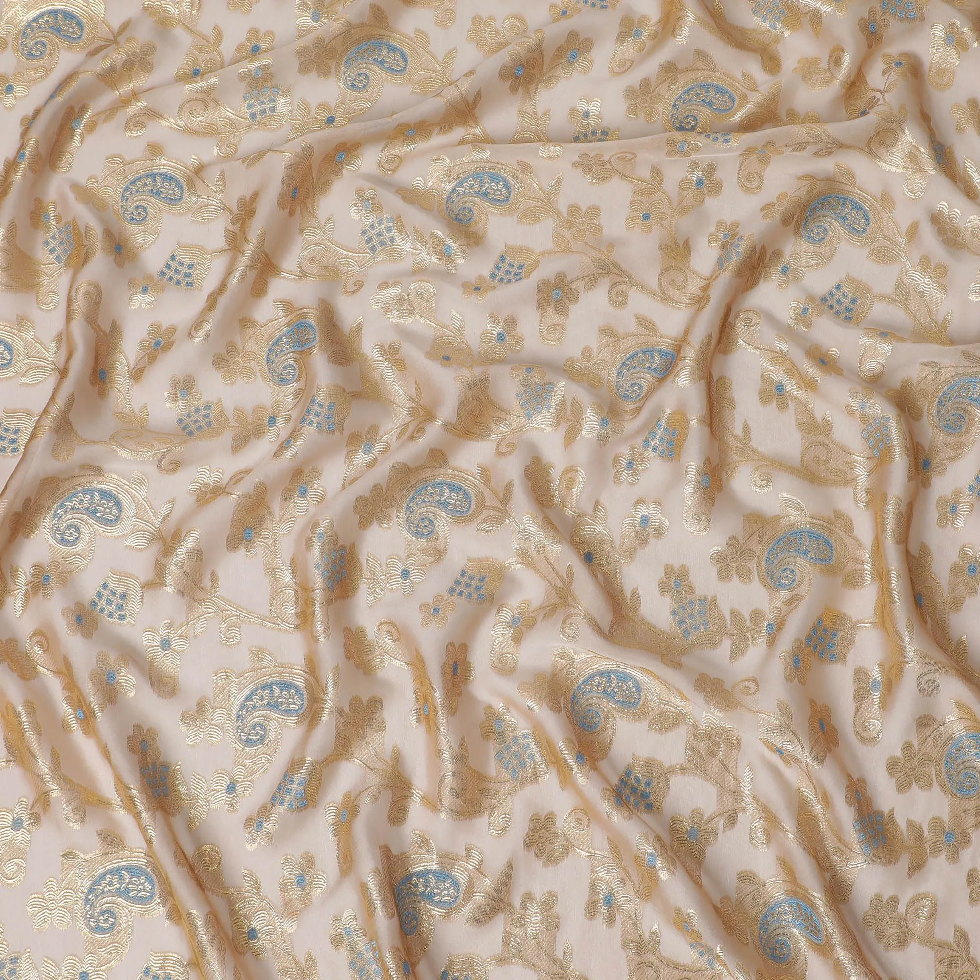 Peach Premium pure French (Fransawi) silk chiffon fabric with baby blue viscose and gold metallic lurex in paisley design-D16964