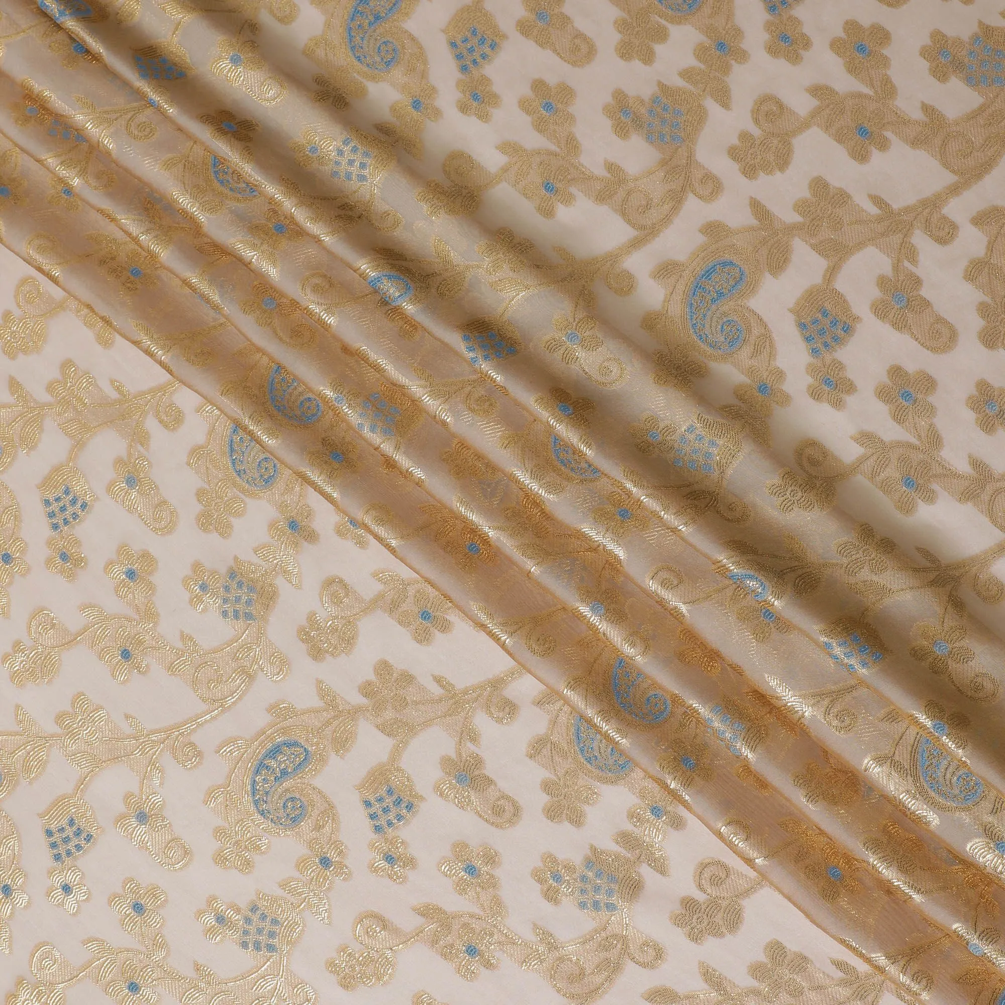 Peach Premium pure French (Fransawi) silk chiffon fabric with baby blue viscose and gold metallic lurex in paisley design-D16964