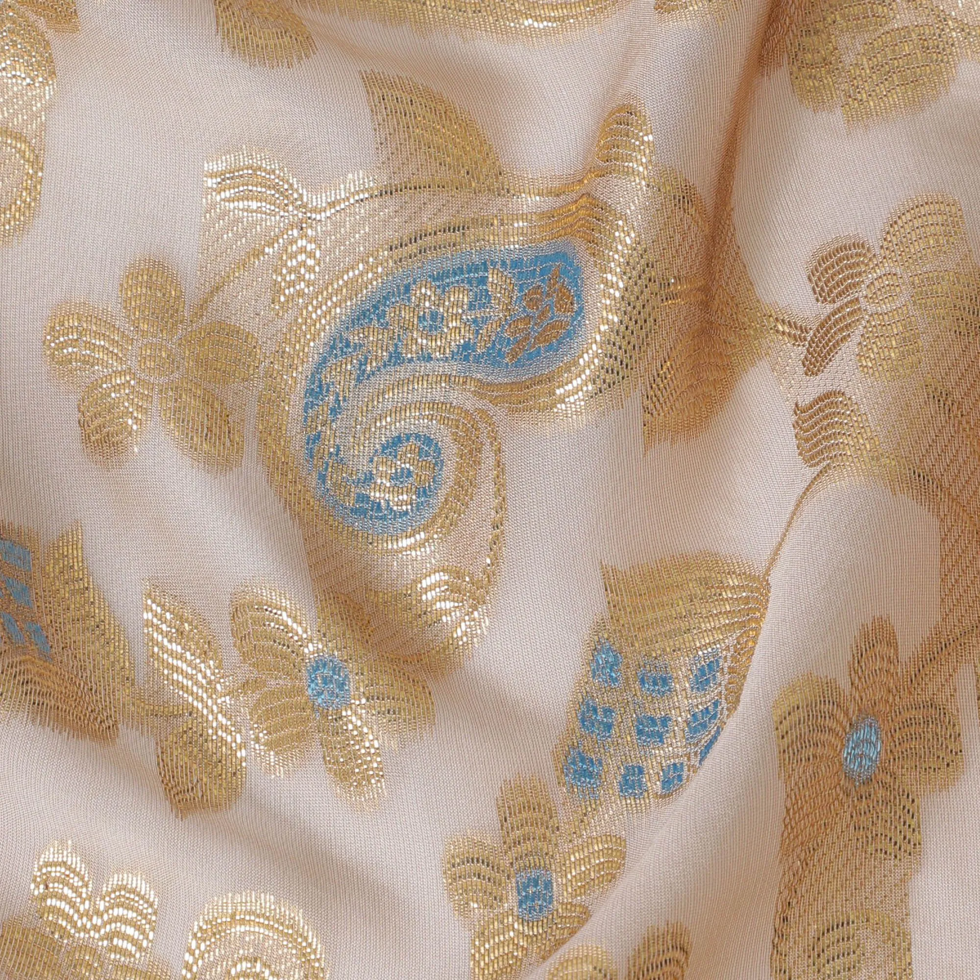 Peach Premium pure French (Fransawi) silk chiffon fabric with baby blue viscose and gold metallic lurex in paisley design-D16964