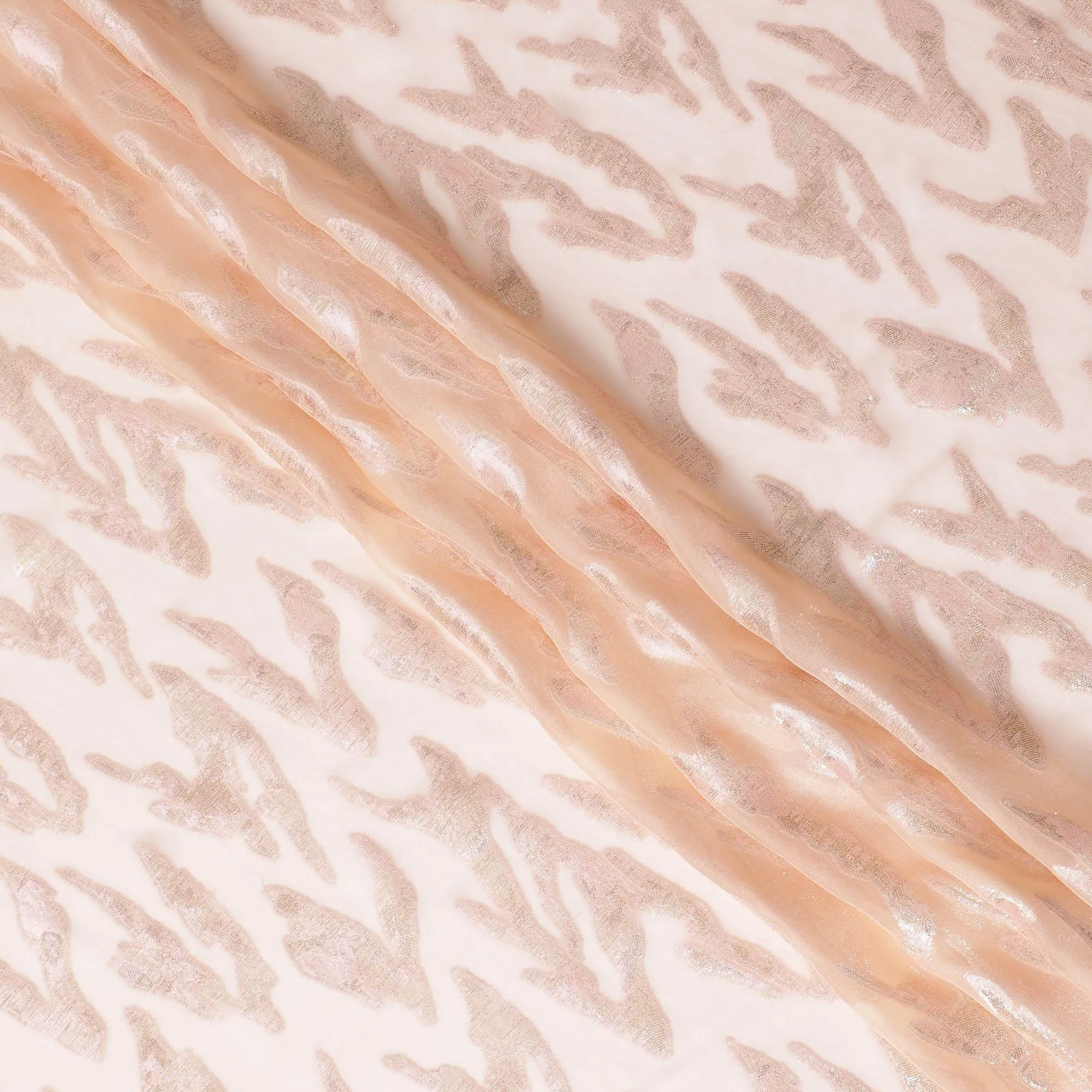 Peach Premium pure silk chiffon fabric with gold and silver metallic lurex in abstract design-D17216