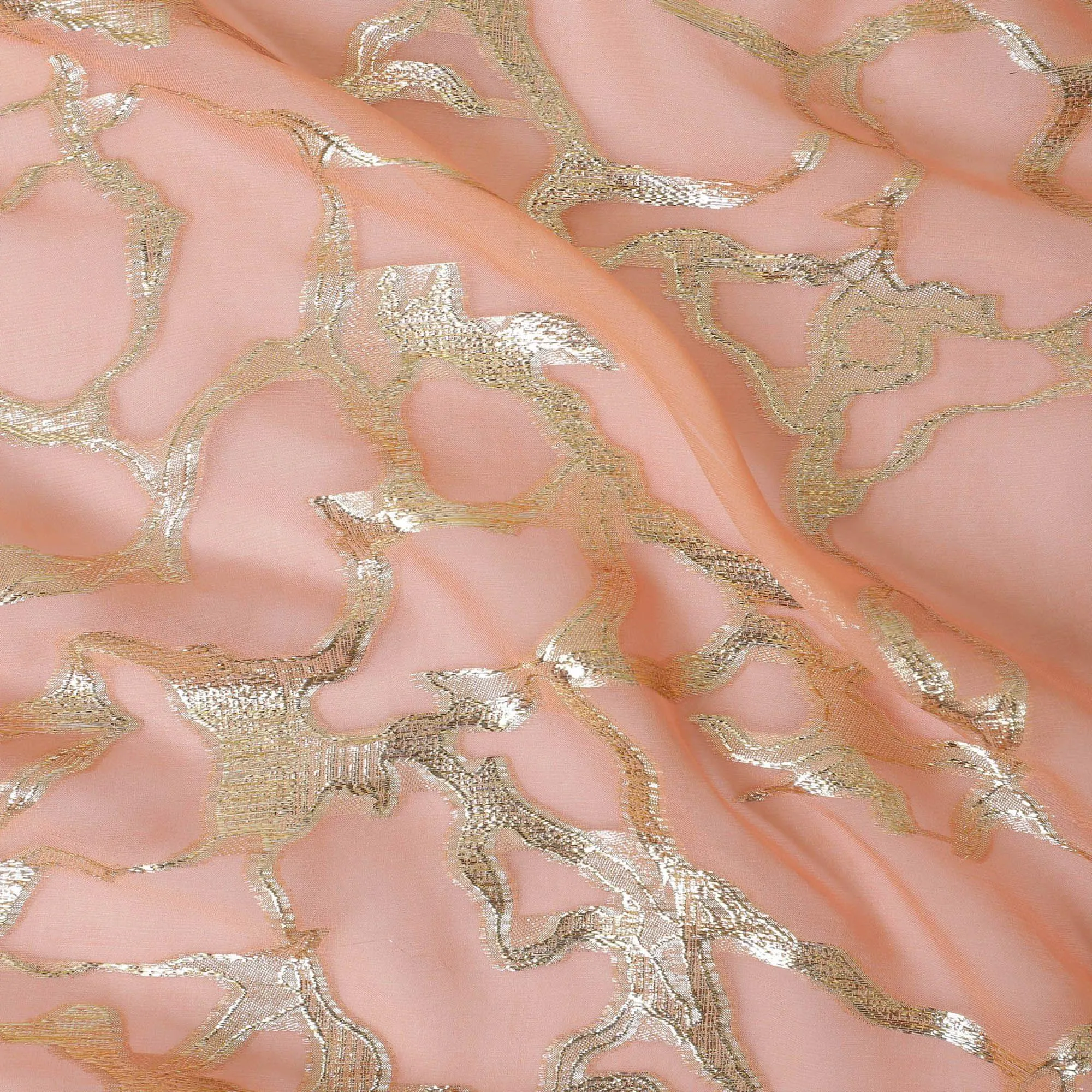 Peach Premium pure silk chiffon fabric with gold metallic lurex in abstract design-D13193