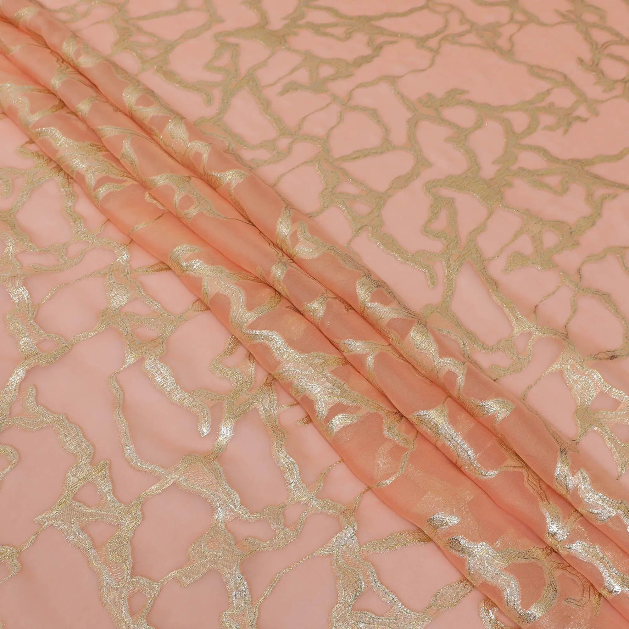 Peach Premium pure silk chiffon fabric with gold metallic lurex in abstract design-D13193