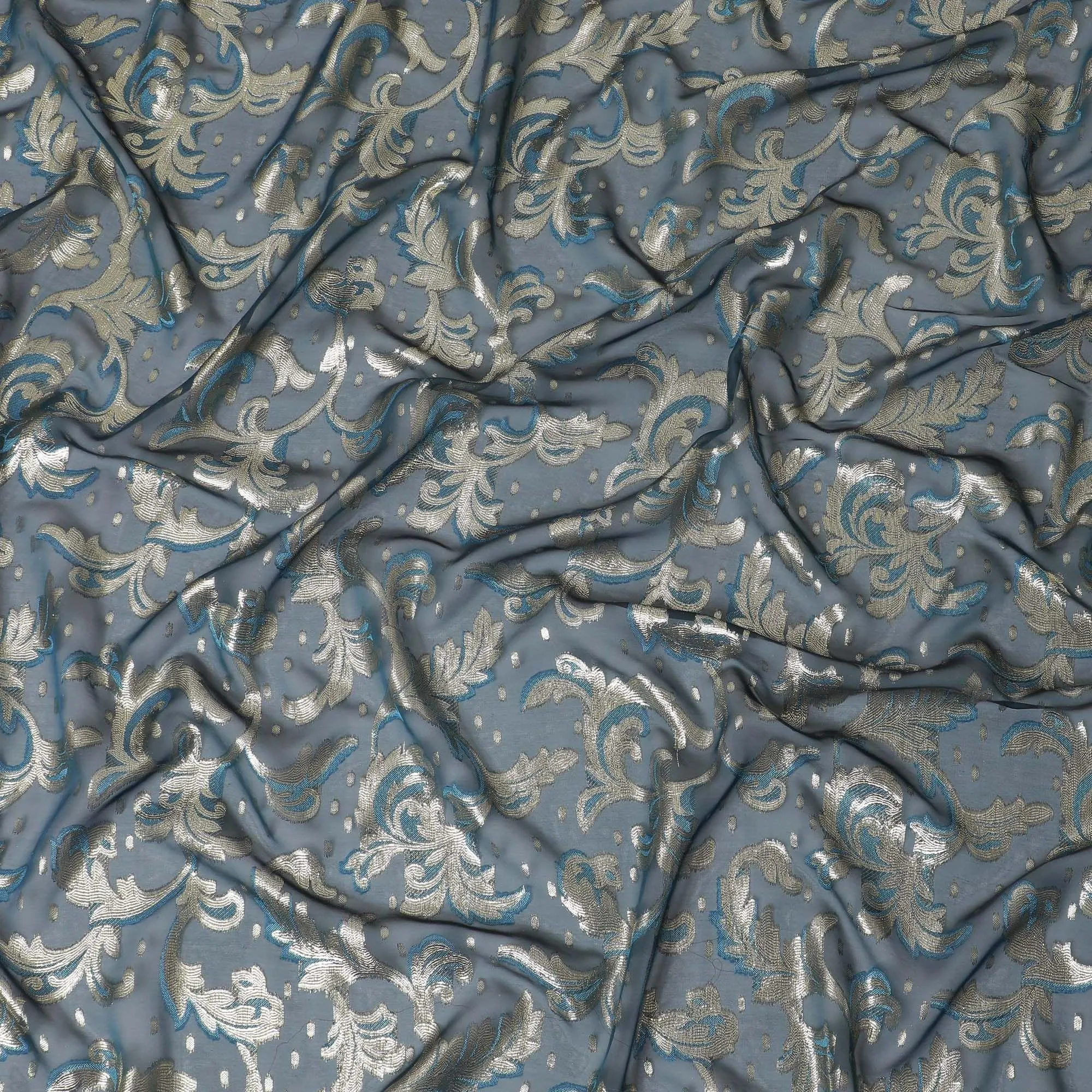 Petrol blue premium pure French (Fransawi) silk chiffon fabric with blue viscose and gold metallic lurex in floral design-D10586