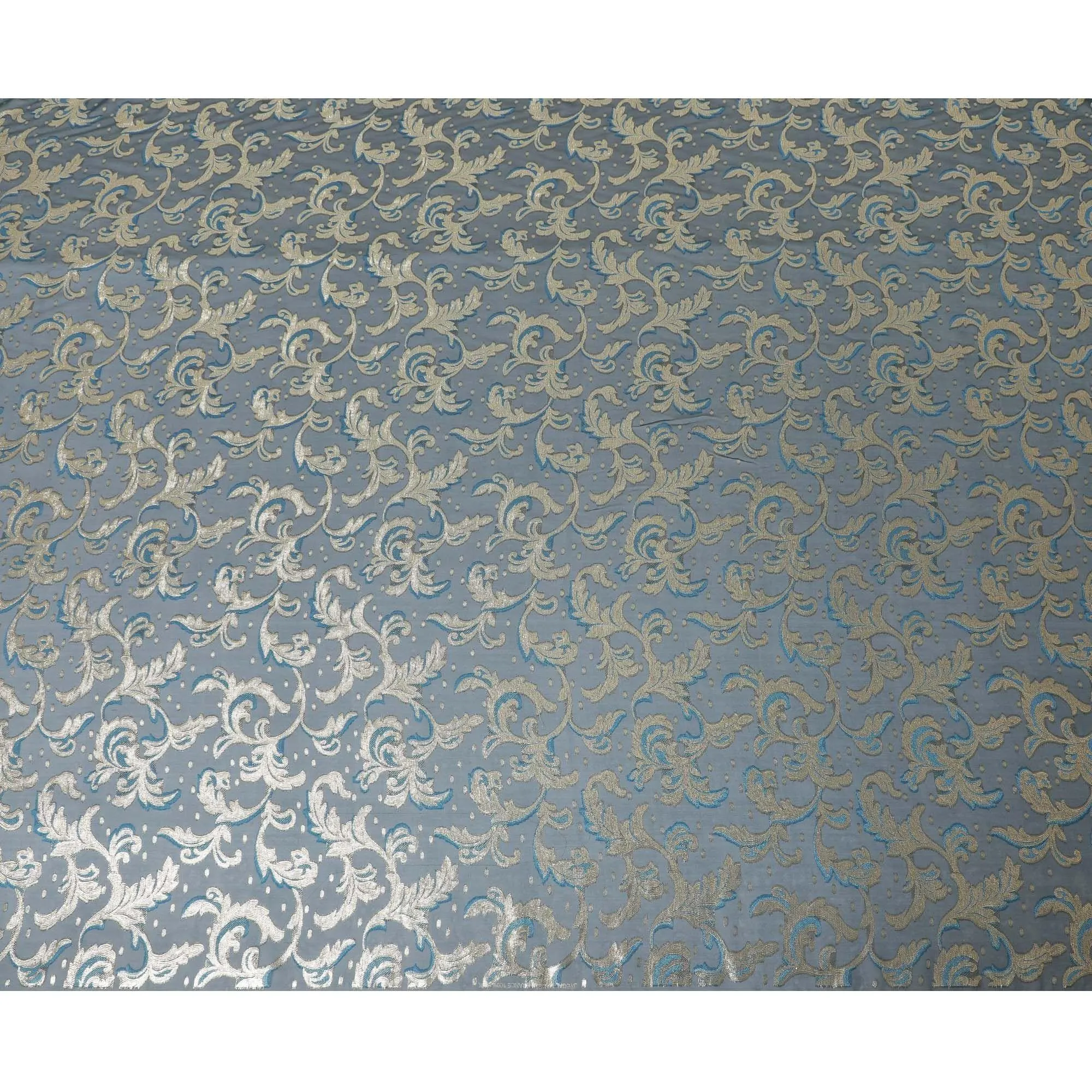 Petrol blue premium pure French (Fransawi) silk chiffon fabric with blue viscose and gold metallic lurex in floral design-D10586