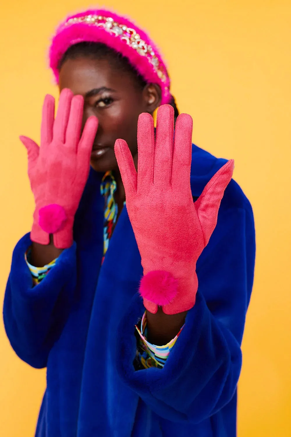 Pink Faux Suede Gloves With Faux Fur Pom