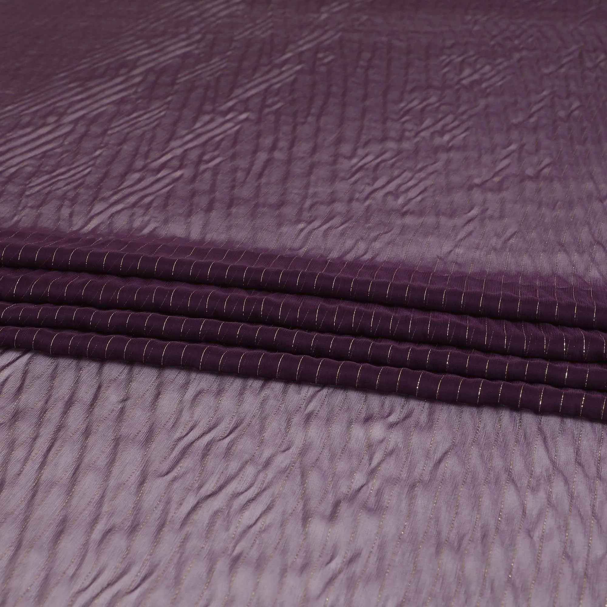 Plum pure silk chiffon fabric with gold metallic lurex in stripe design-D8595