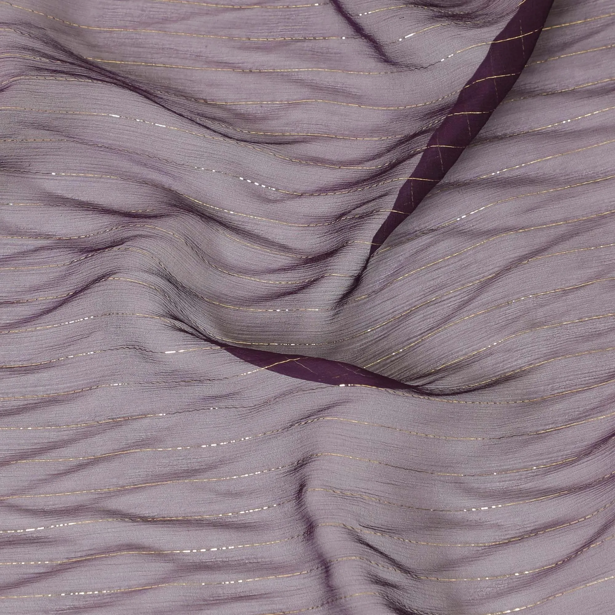 Plum pure silk chiffon fabric with gold metallic lurex in stripe design-D8595