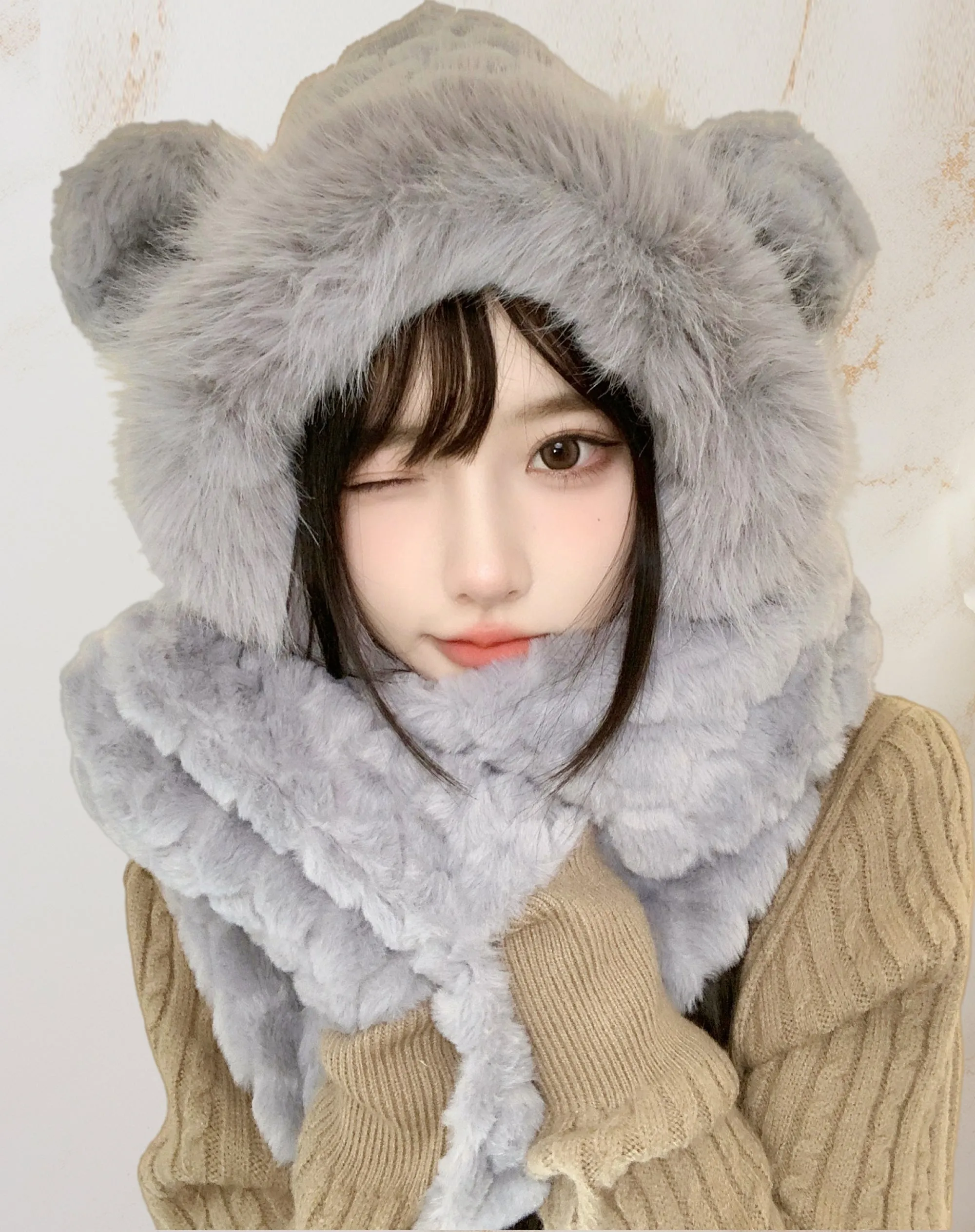 Plush Bear Hat with Long Scarf and Pocket Mitts