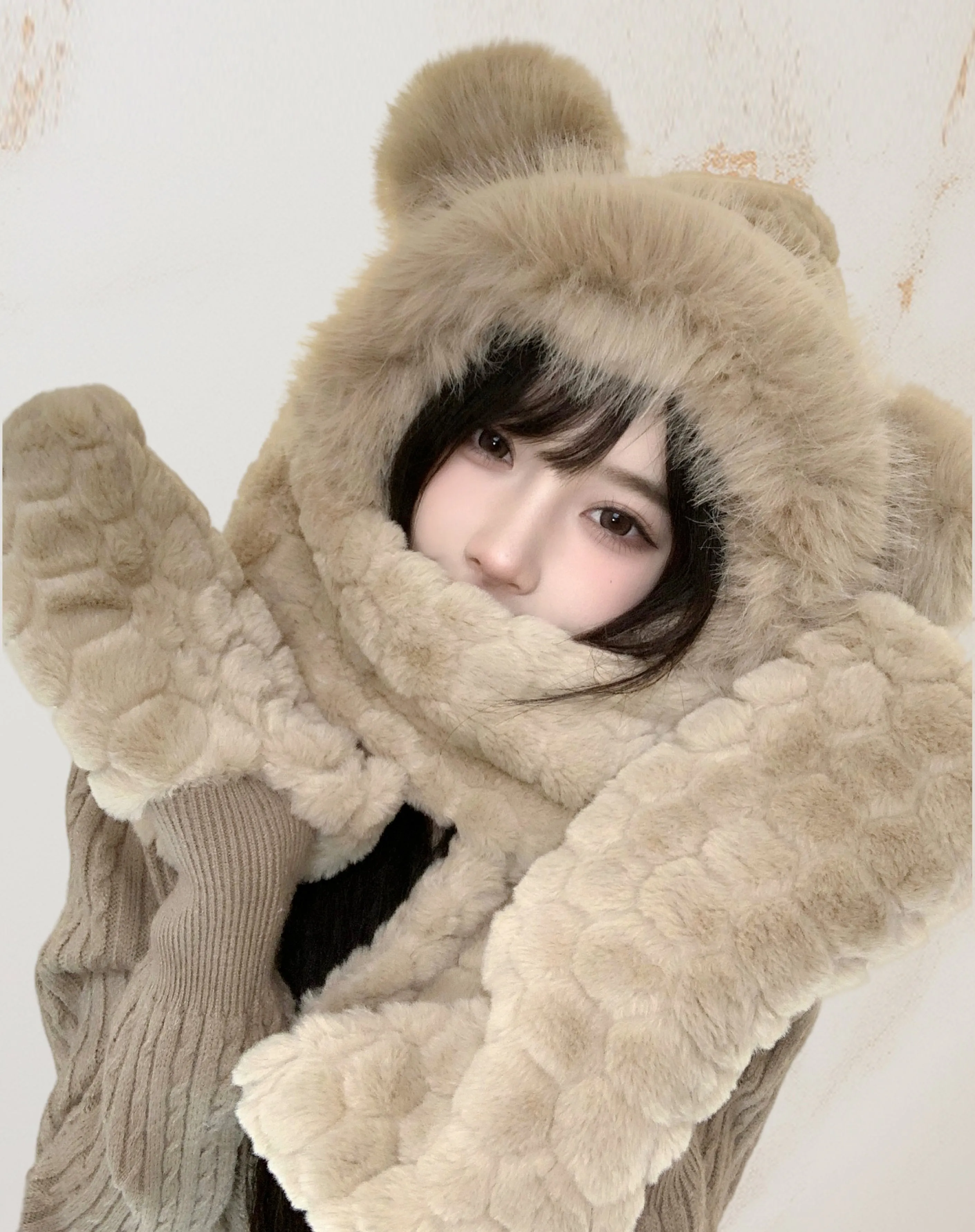 Plush Bear Hat with Long Scarf and Pocket Mitts