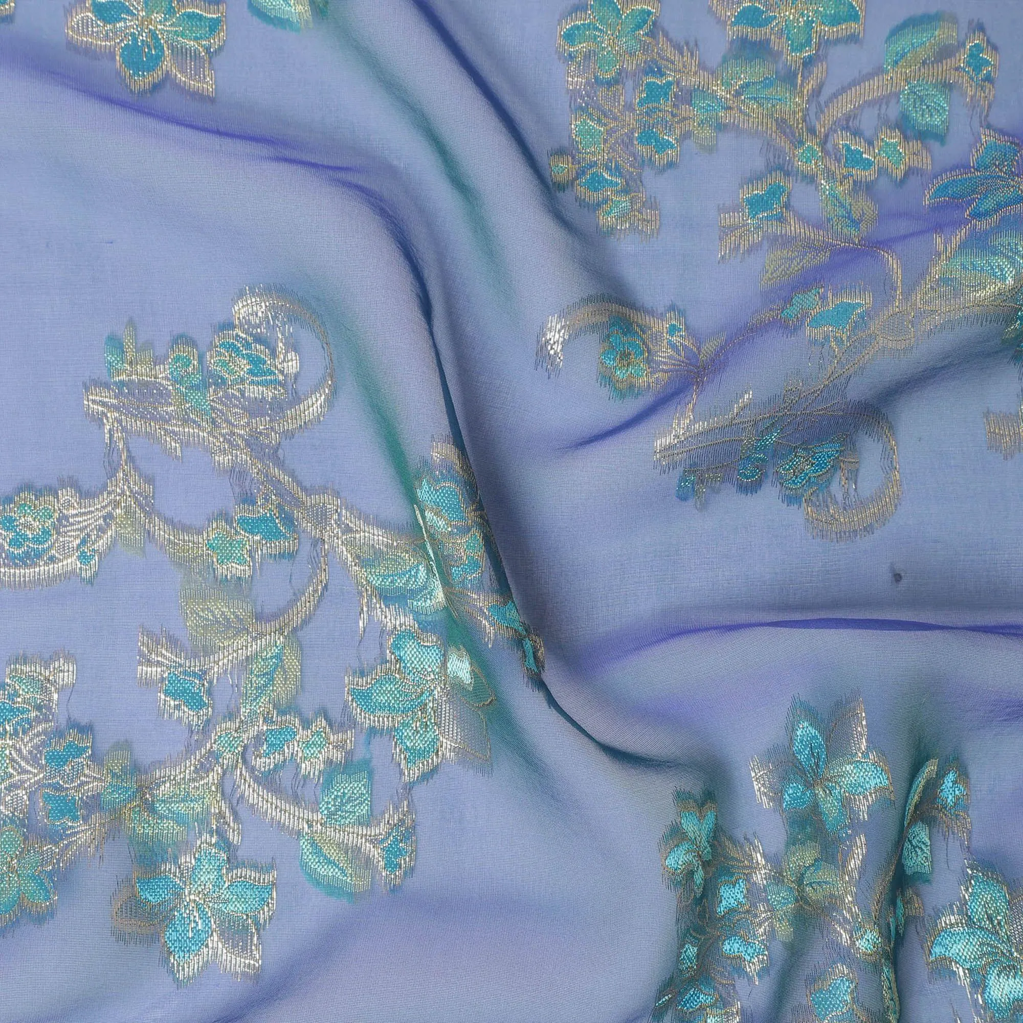 Prussian blue two tone changent premium pure silk chiffon fabric with blue viscose and gold metallic lurex in floral design-D13184