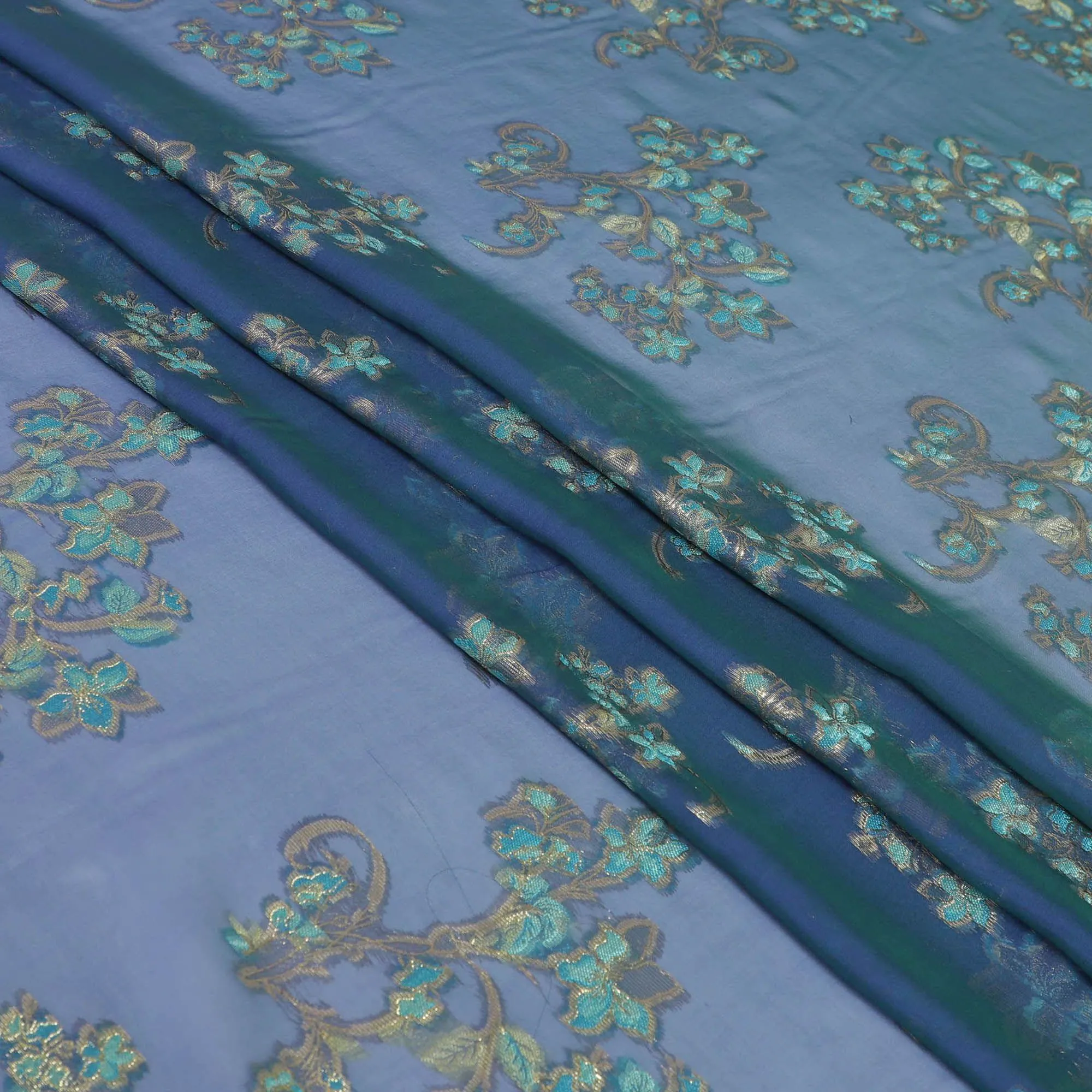 Prussian blue two tone changent premium pure silk chiffon fabric with blue viscose and gold metallic lurex in floral design-D13184