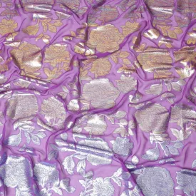 Purple pure silk chiffon fabric with multicolor metallic lurex in floral design-D8936