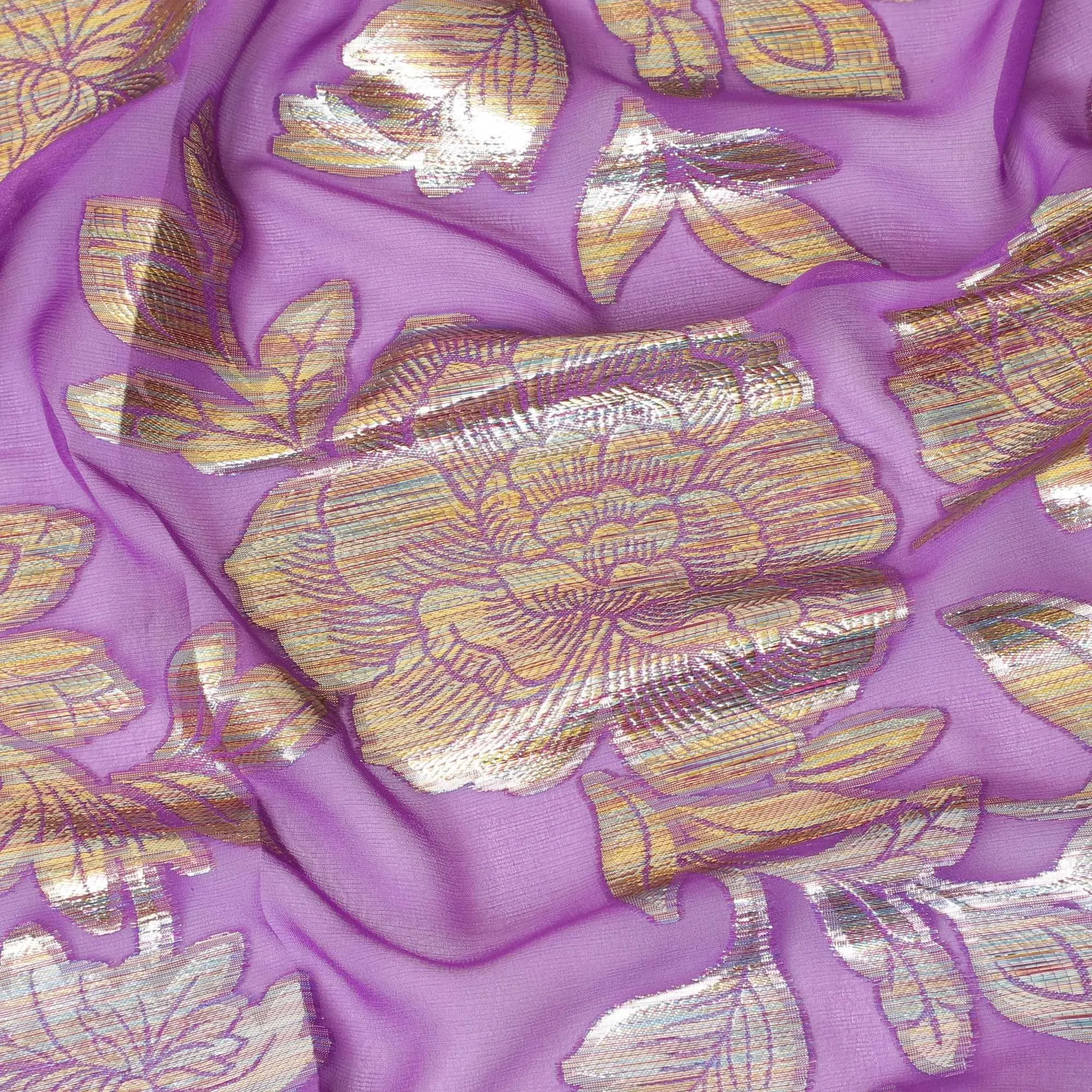 Purple pure silk chiffon fabric with multicolor metallic lurex in floral design-D8936