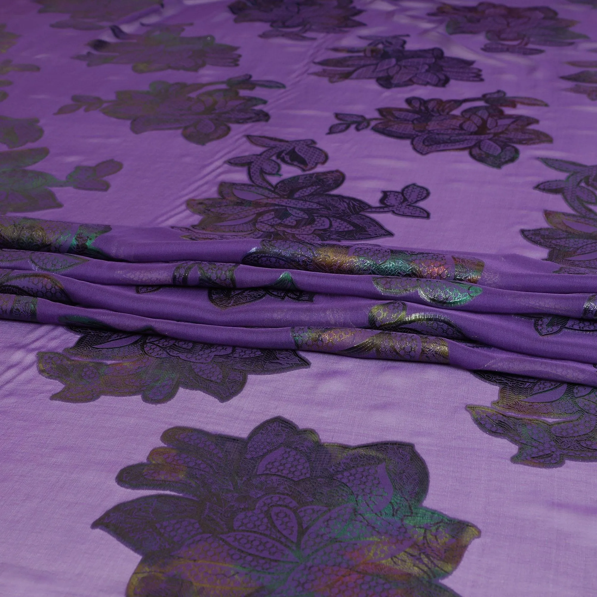 Purple silk chiffon fabric with multicolor metallic lurex in floral design-D8793