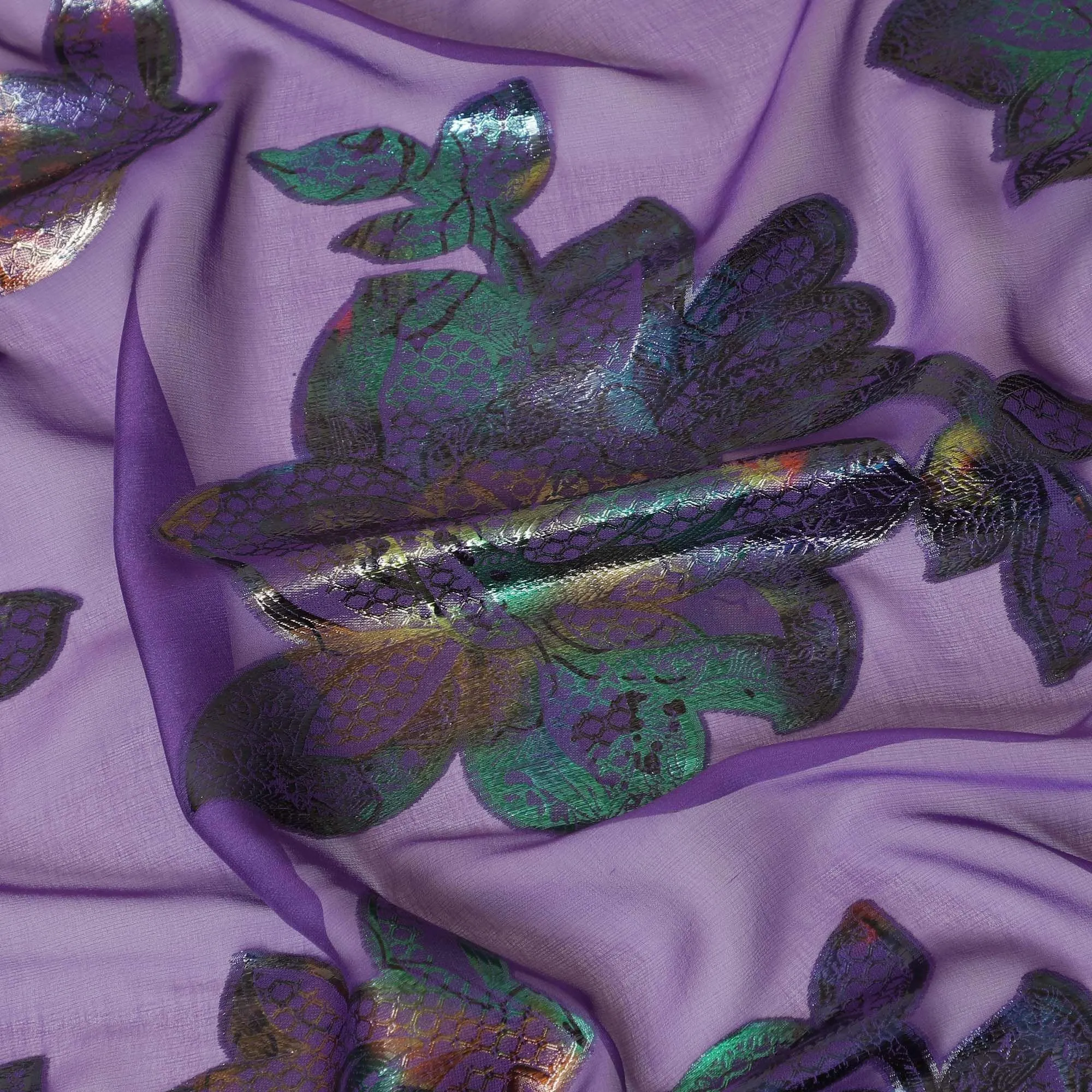 Purple silk chiffon fabric with multicolor metallic lurex in floral design-D8793