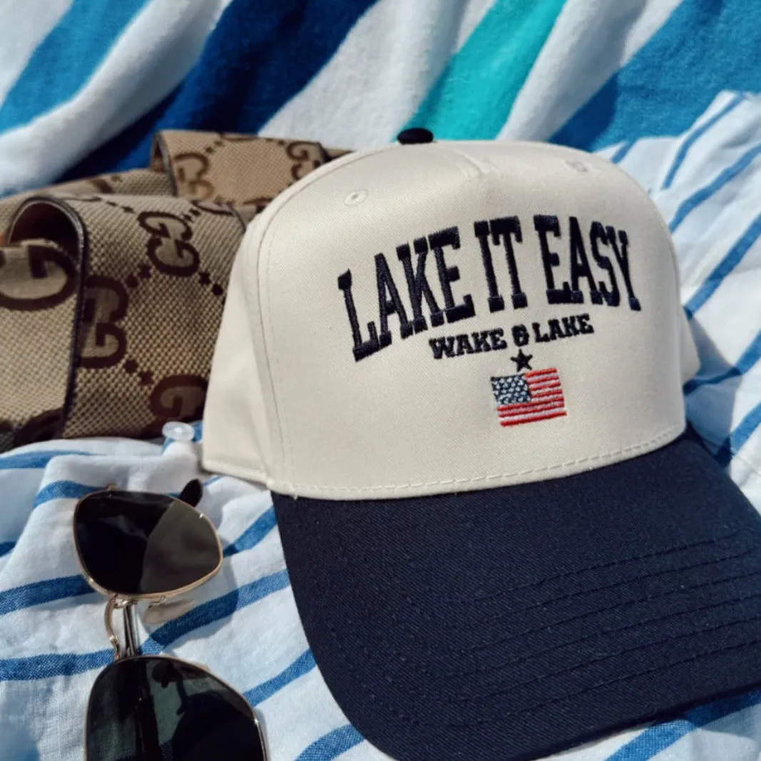 "Lake It Easy" Trucker Hat in Navy & Tan