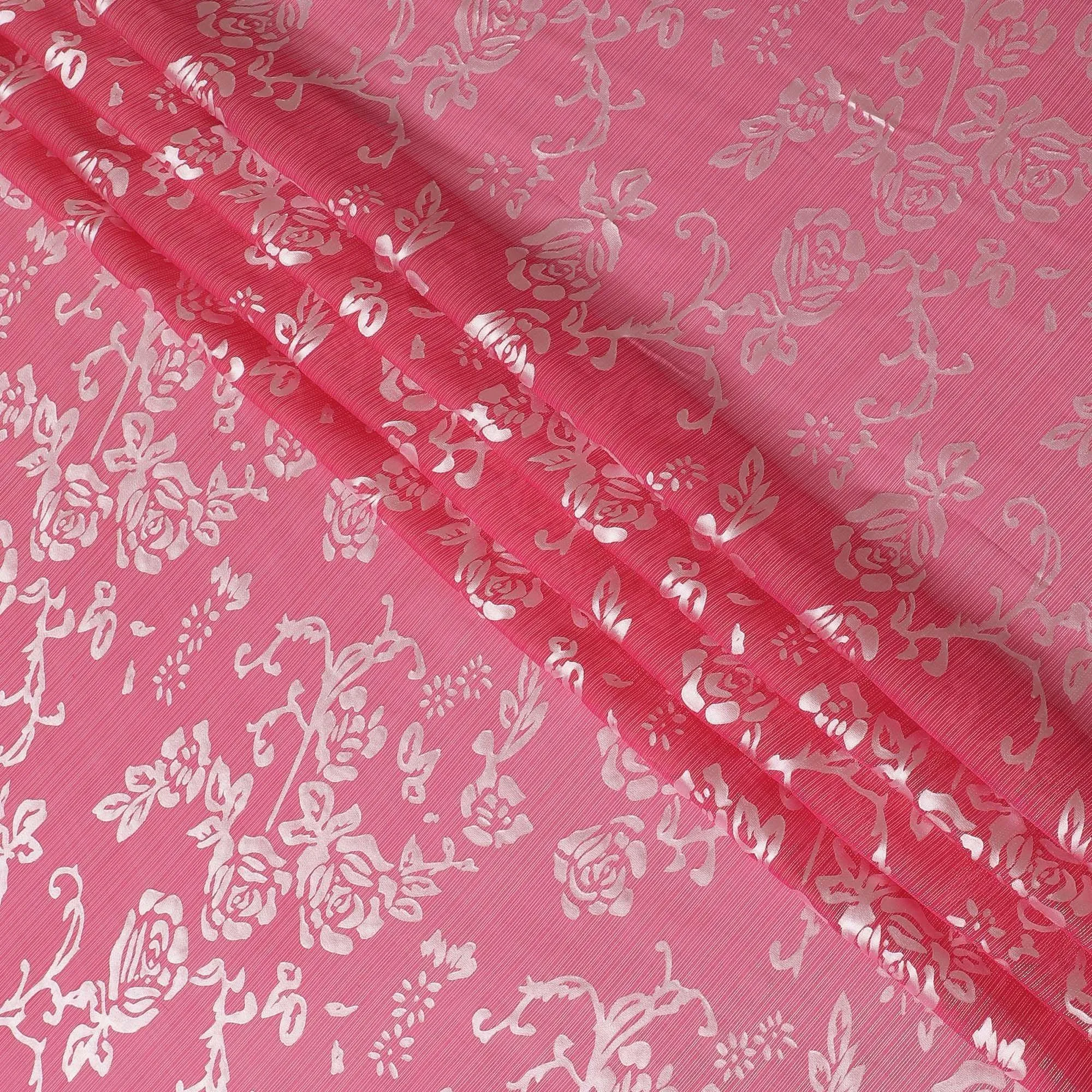 Rose pink Premim pure silk chiffon fabric with silver jacquard in floral design-D15329