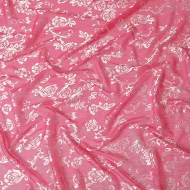 Rose pink Premim pure silk chiffon fabric with silver jacquard in floral design-D15329