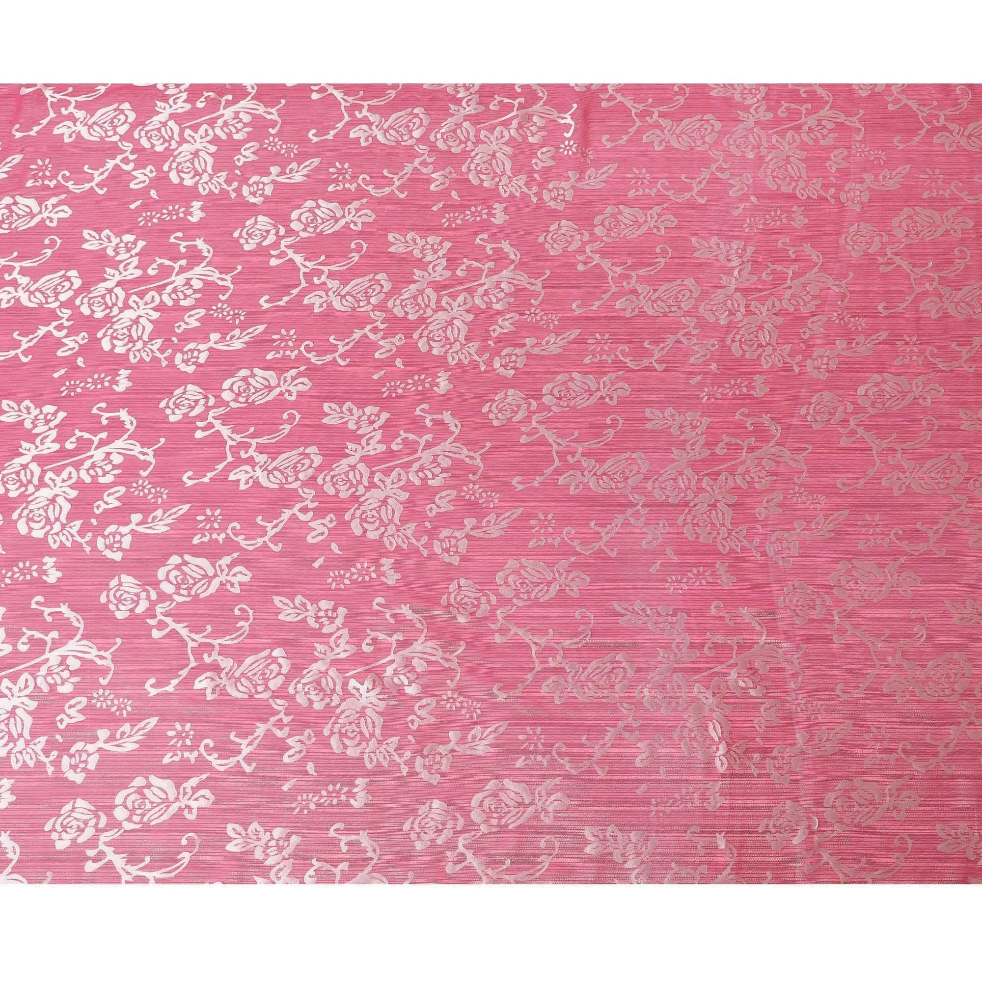 Rose pink Premim pure silk chiffon fabric with silver jacquard in floral design-D15329