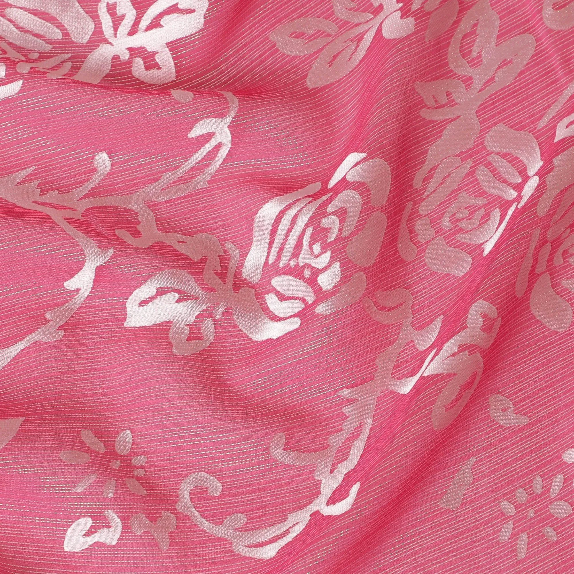 Rose pink Premim pure silk chiffon fabric with silver jacquard in floral design-D15329