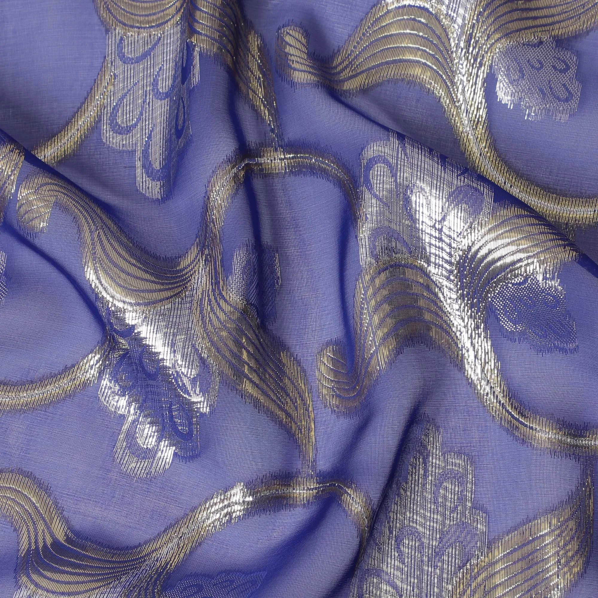 Royal blue Premium pure silk chiffon fabric with gold and silver metallic lurex in floral design-D16449